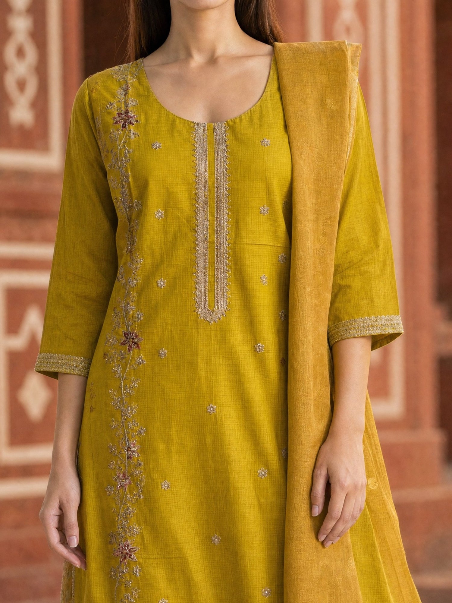 Viscose Embroidered Straight Calf Length Kurta With Pant and Dupatta