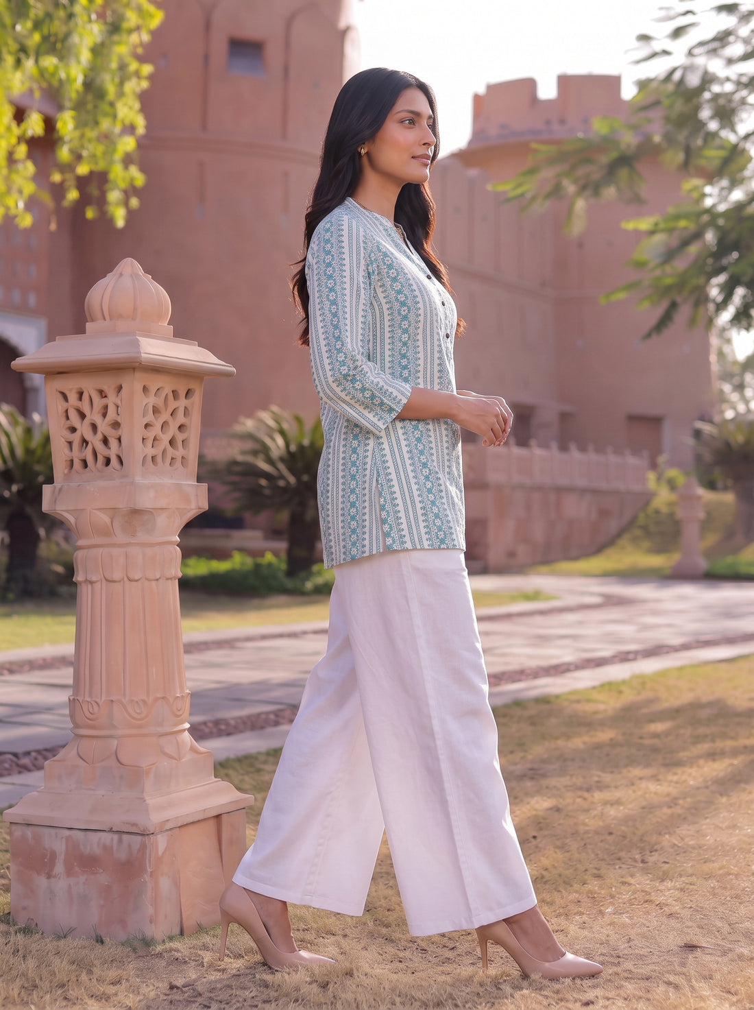 Buy Cotton Printed Straight Short Length Short Kurta-Sea Green