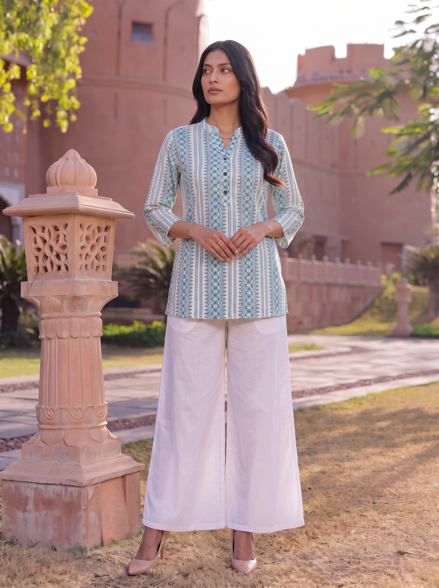 Buy Cotton Printed Straight Short Length Short Kurta-Sea Green