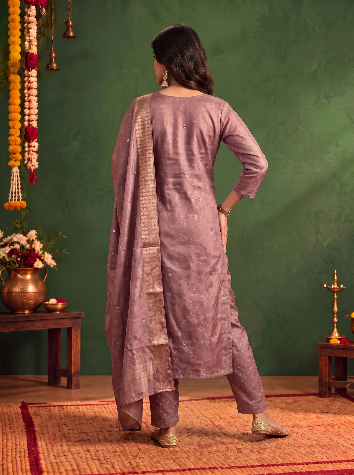 Buy Viscose Embroidered Straight Calf Length Kurta With Pant and Dupatta-Lavender