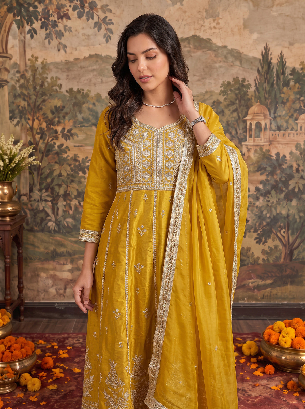 Viscose Embroidered Flared Calf Length Kurta With Pant and Dupatta