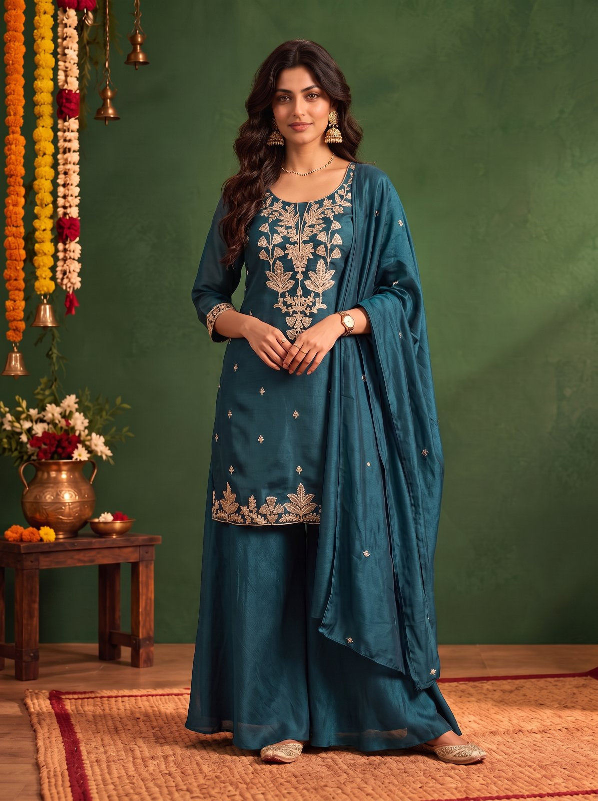 Viscose Embroidered Straight Thigh Length Kurta With Pant and Dupatta