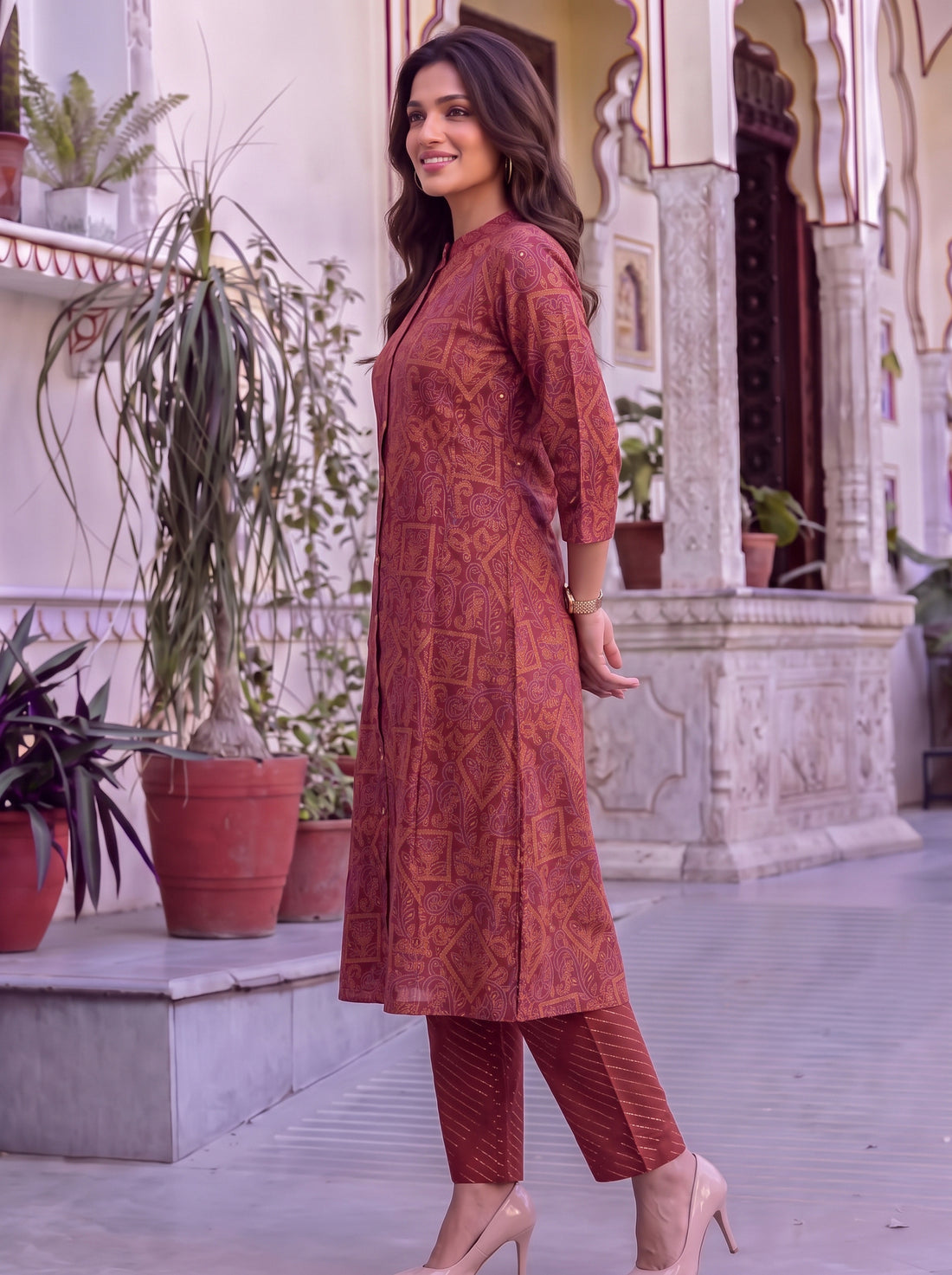 Buy Viscose Printed A-Line Calf Length Kurta With Pant-Maroon