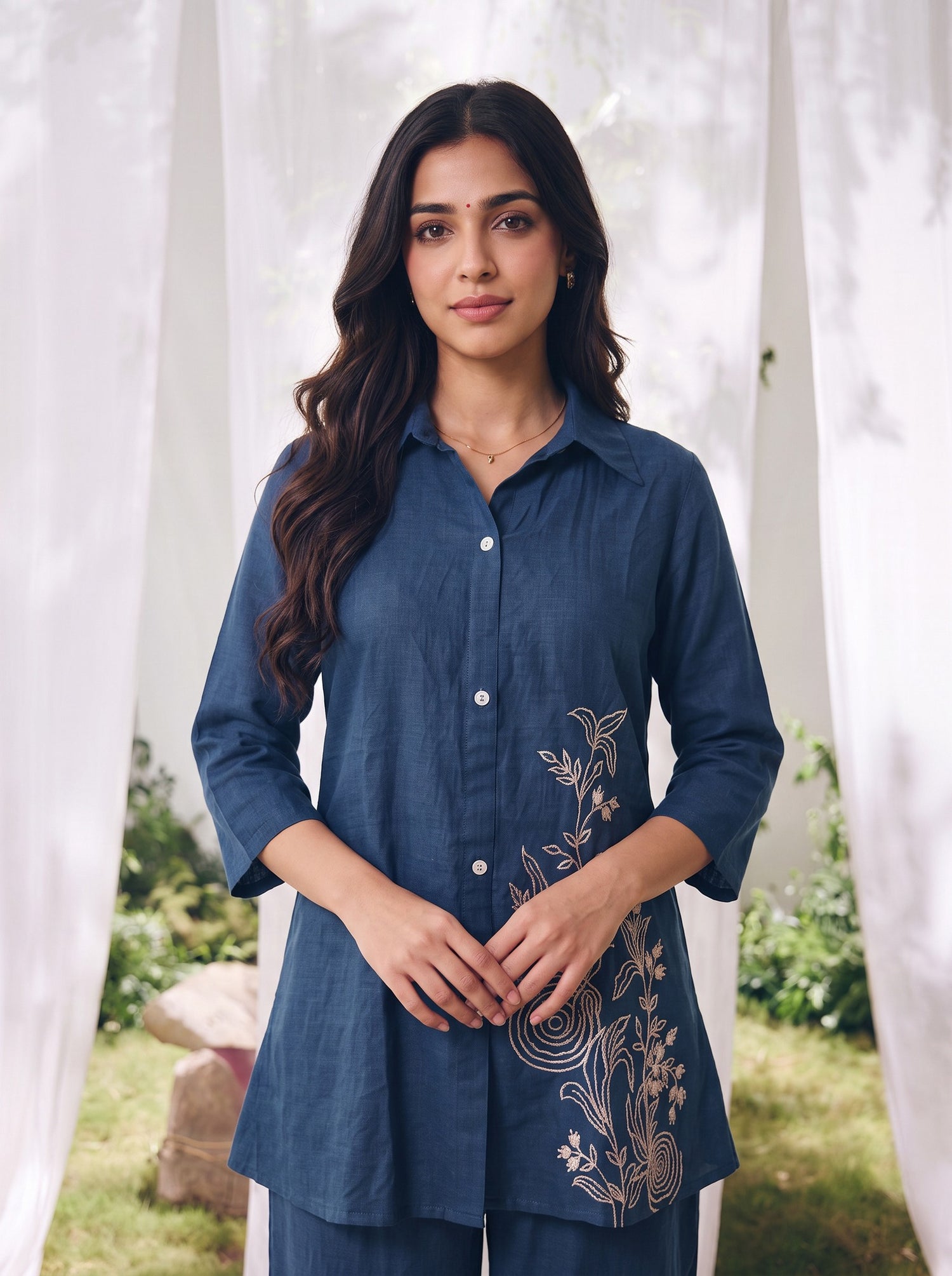 Buy Cotton Embroidered Straight Co-Ord Set-Blue