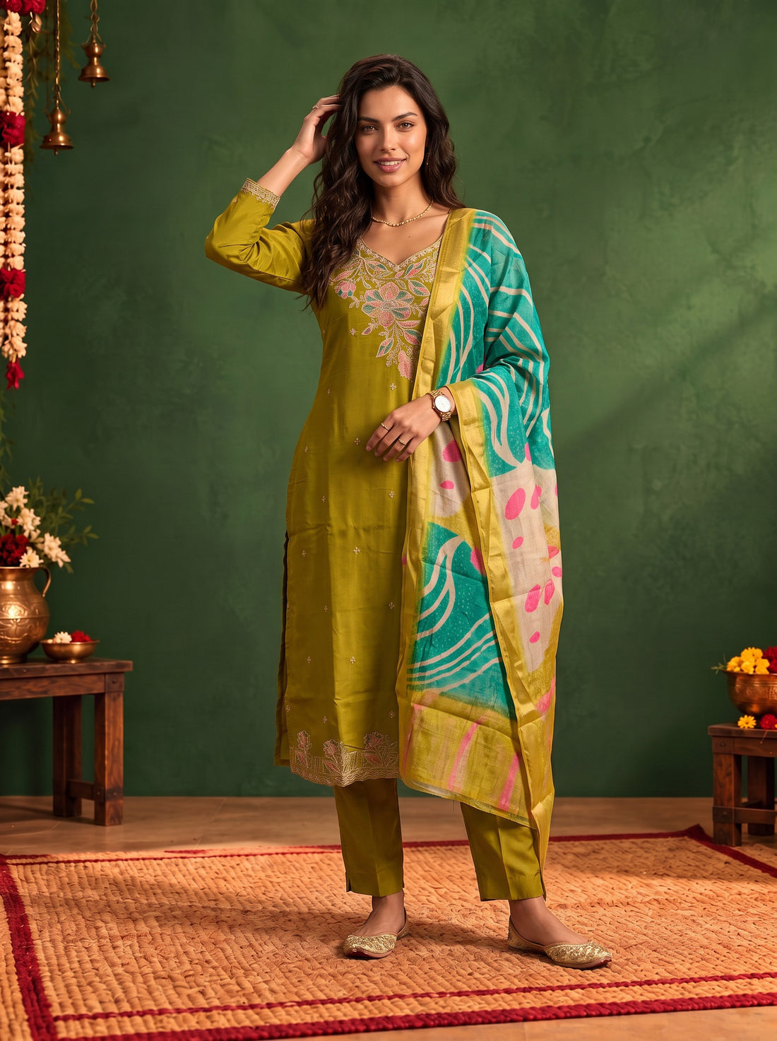 Buy Viscose Embroidered Straight Calf Length Kurta With Pant and Dupatta-Olive Green