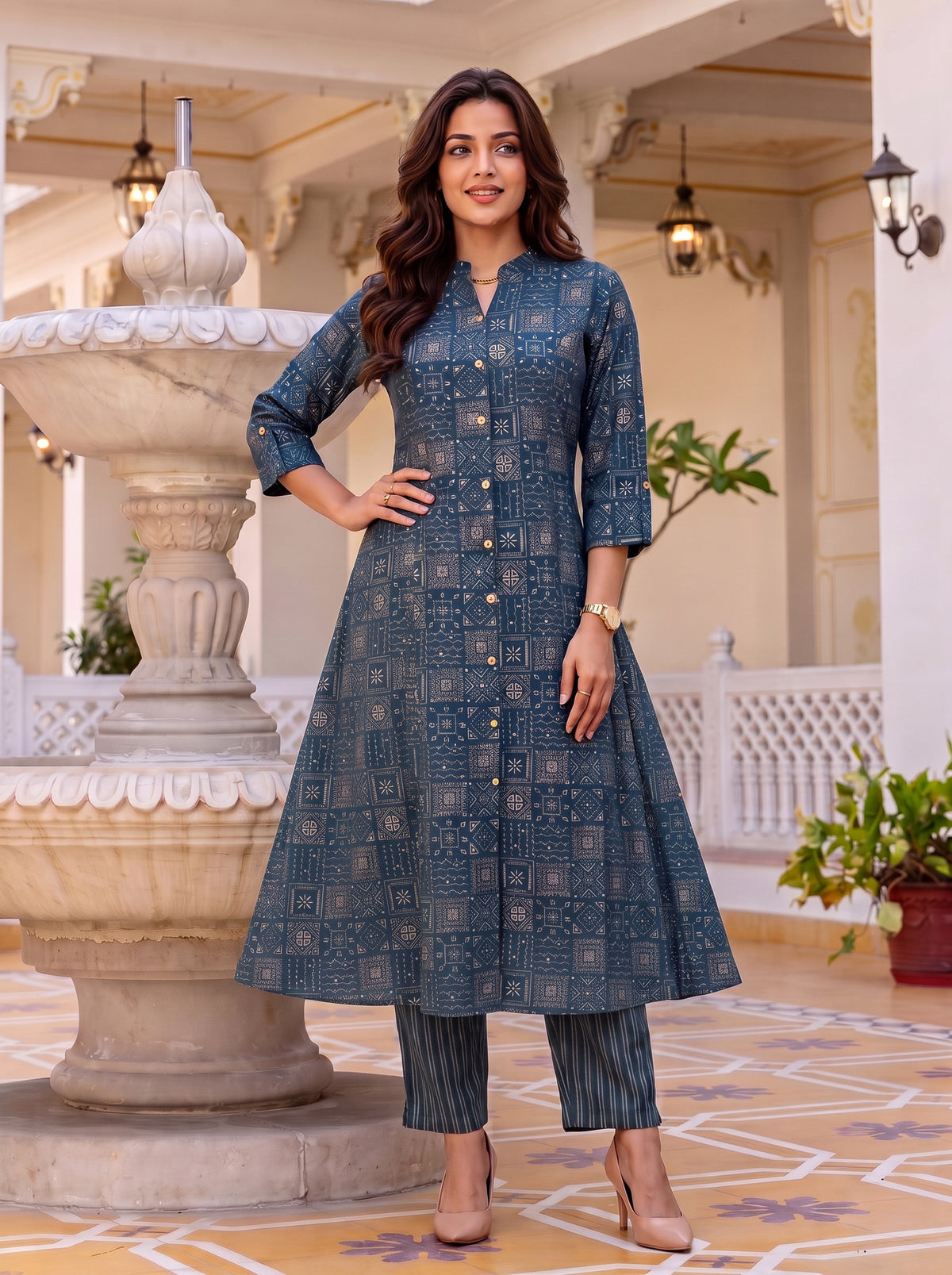 Viscose Printed A-Line Calf Length Kurta With Pant