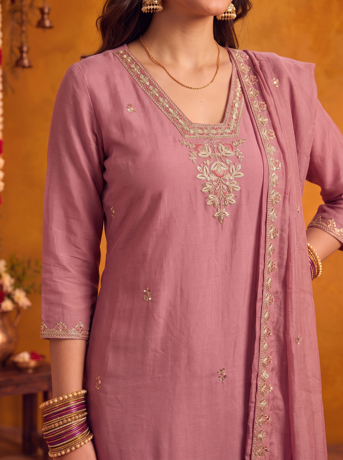 Chanderi Embroidered Straight Calf Length Kurta With Pant and Dupatta