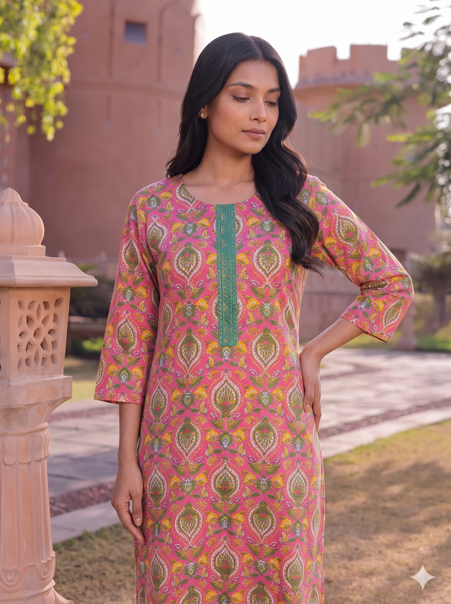 Buy Cotton Printed Straight Knee Length Kurta-Pink