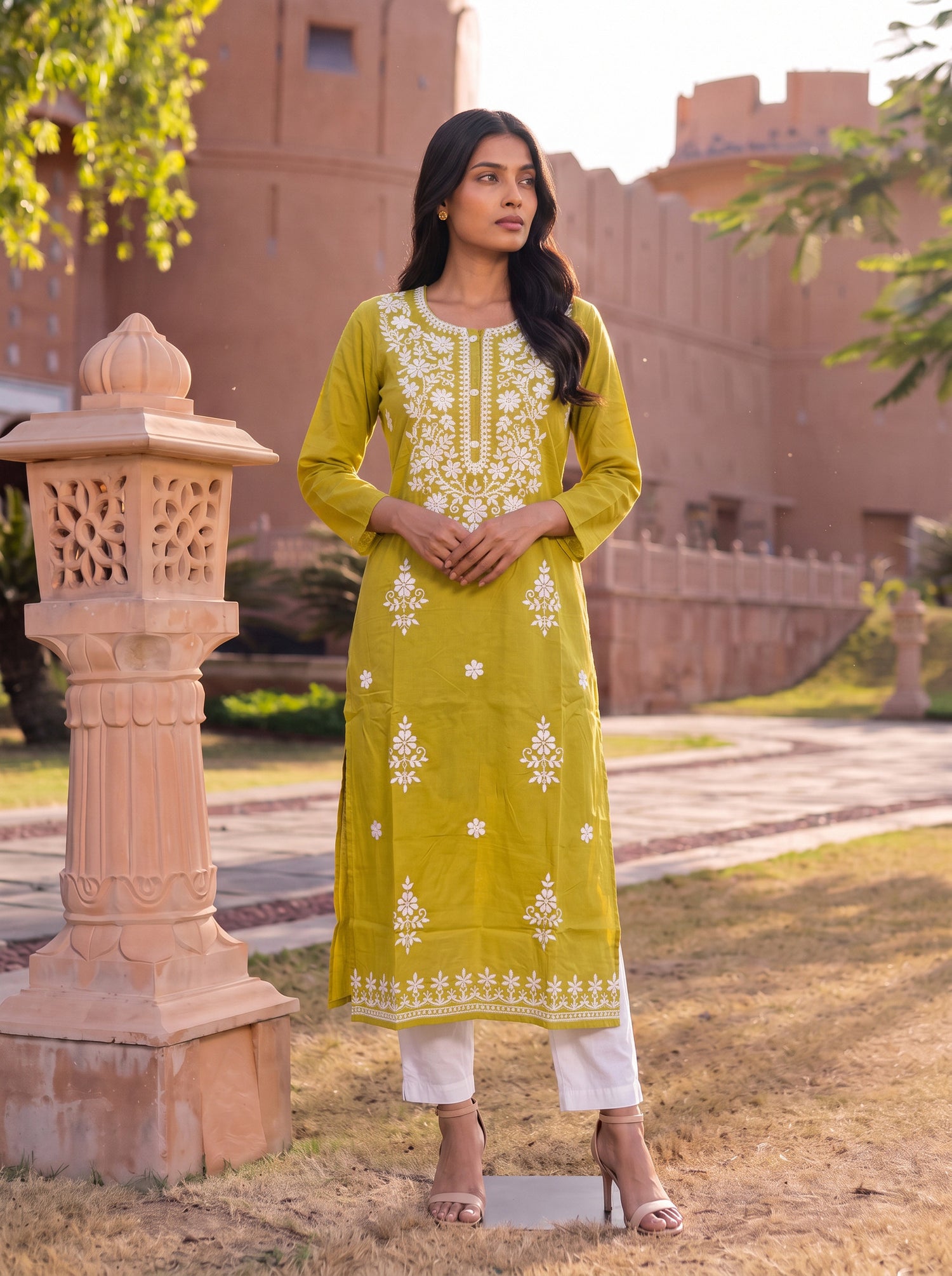 Buy Cotton Embroidered Straight Calf Length Kurta-Lime Green