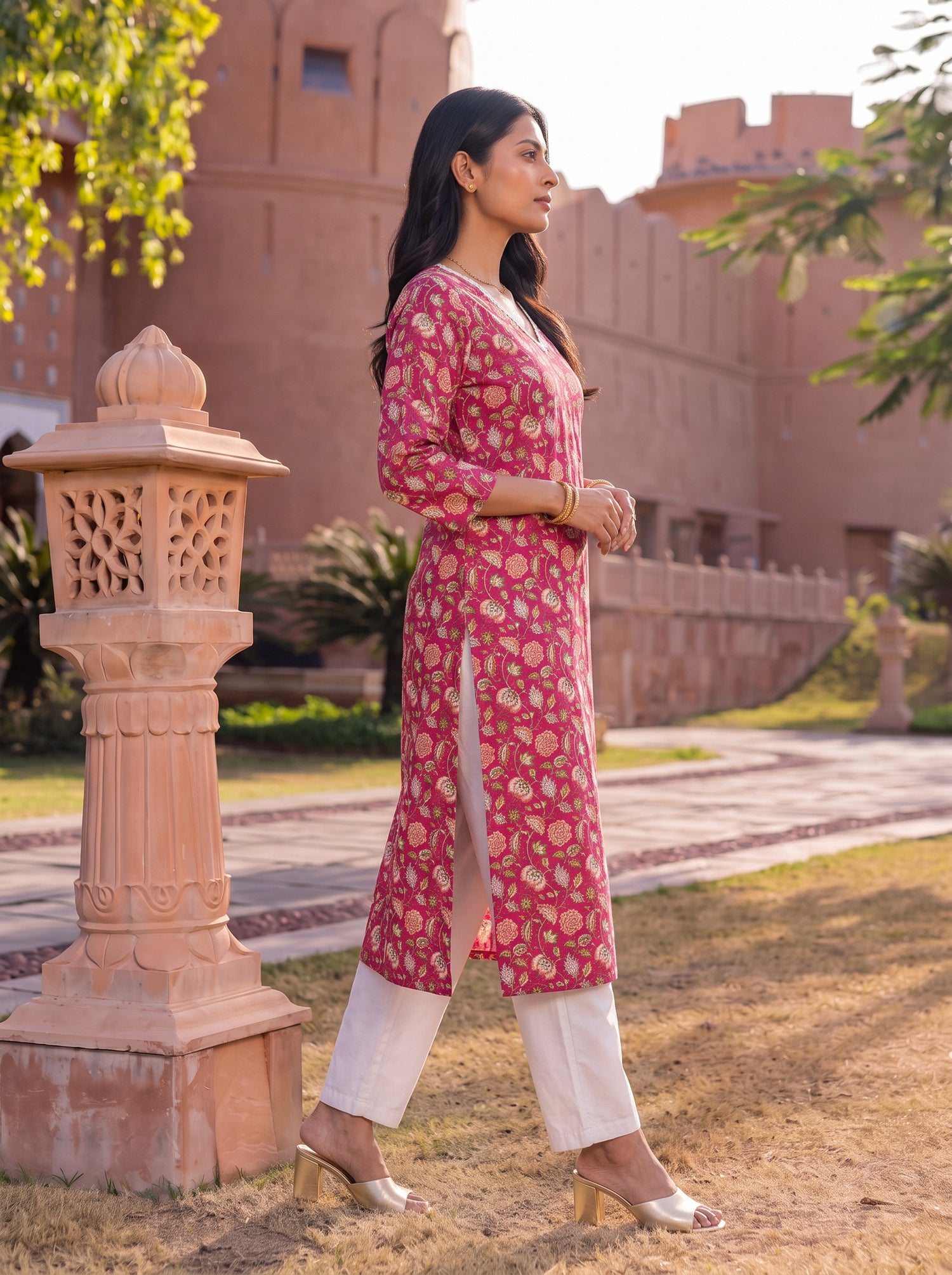Buy Cotton Printed Straight Knee Length Kurta-Pink