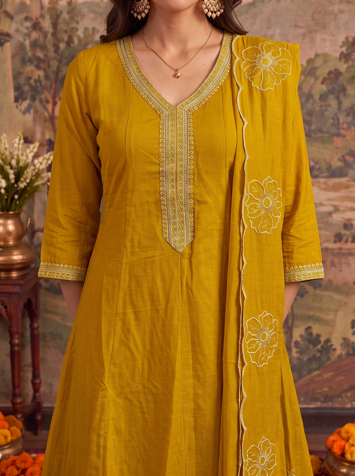 Viscose Embroidered Flared Calf Length Kurta With Pant and Dupatta