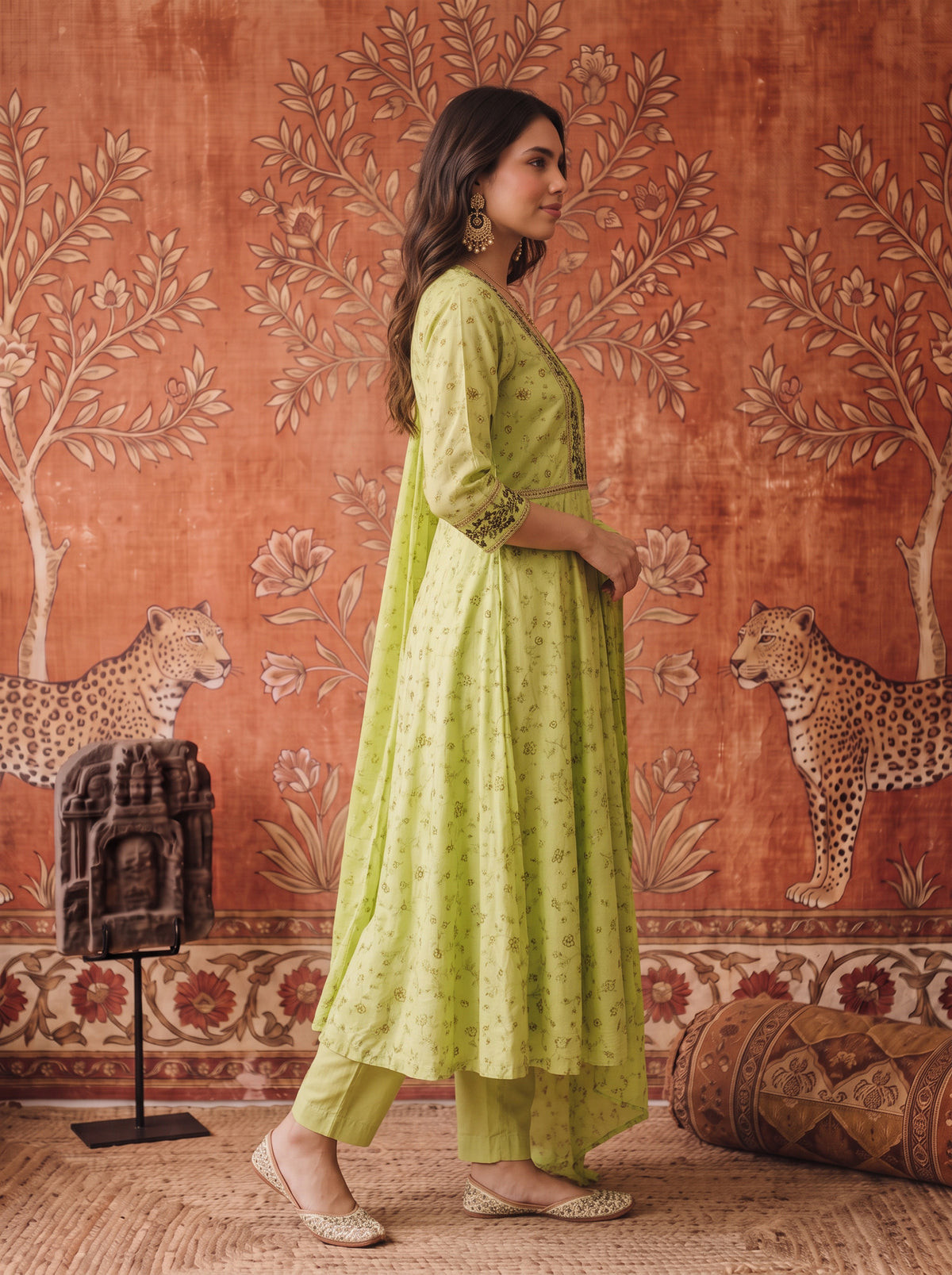 Buy Viscose Embroidered Flared Calf Length Kurta With Pant and Dupatta-Pista Green