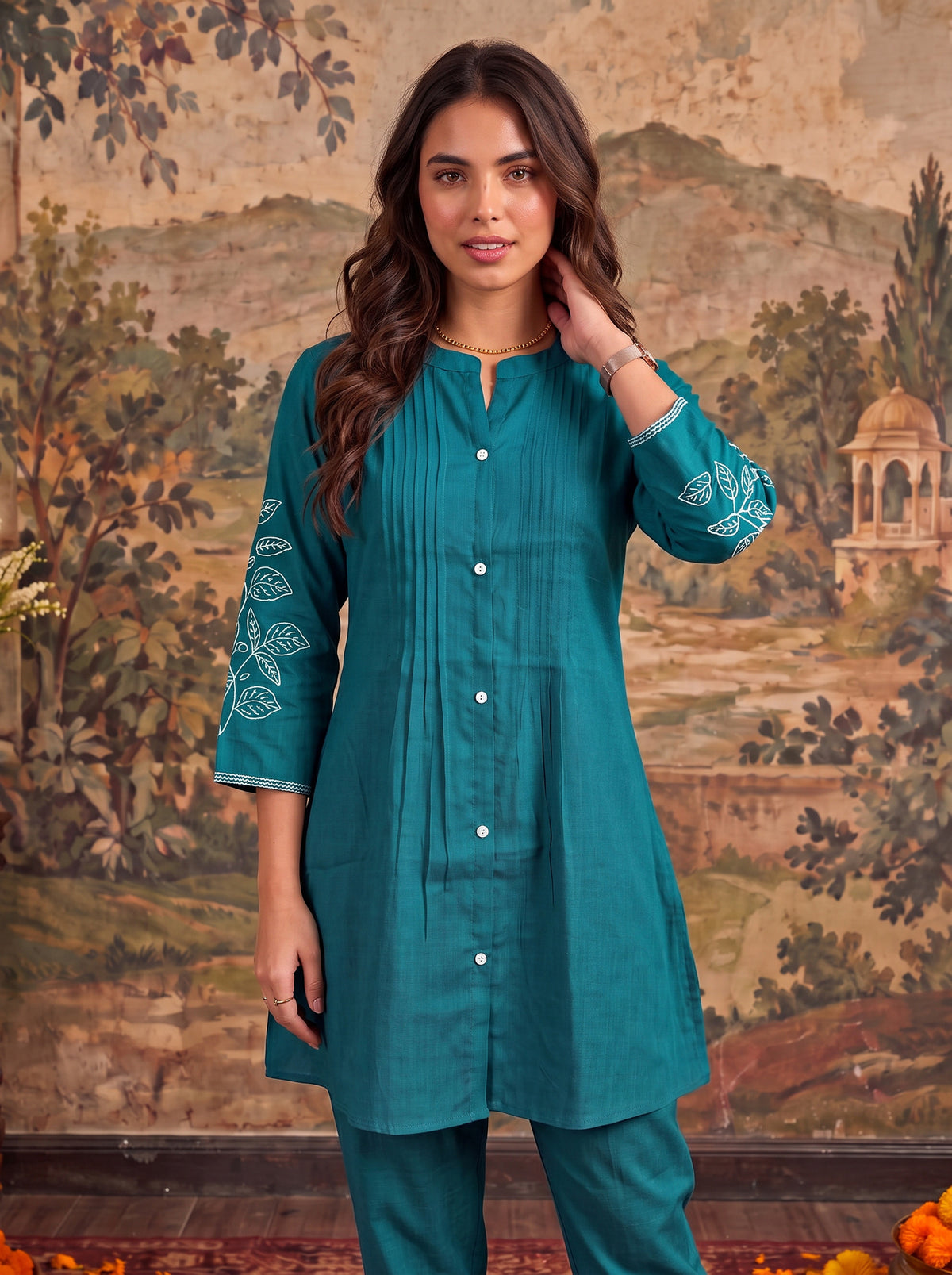Buy Viscose Embroidered Straight Thigh Length Kurta With Pant-Turquoise