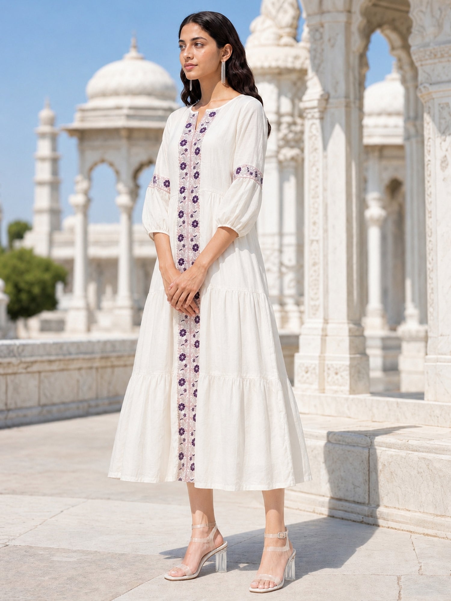 Viscose Embroidered Flared Calf Length Dress