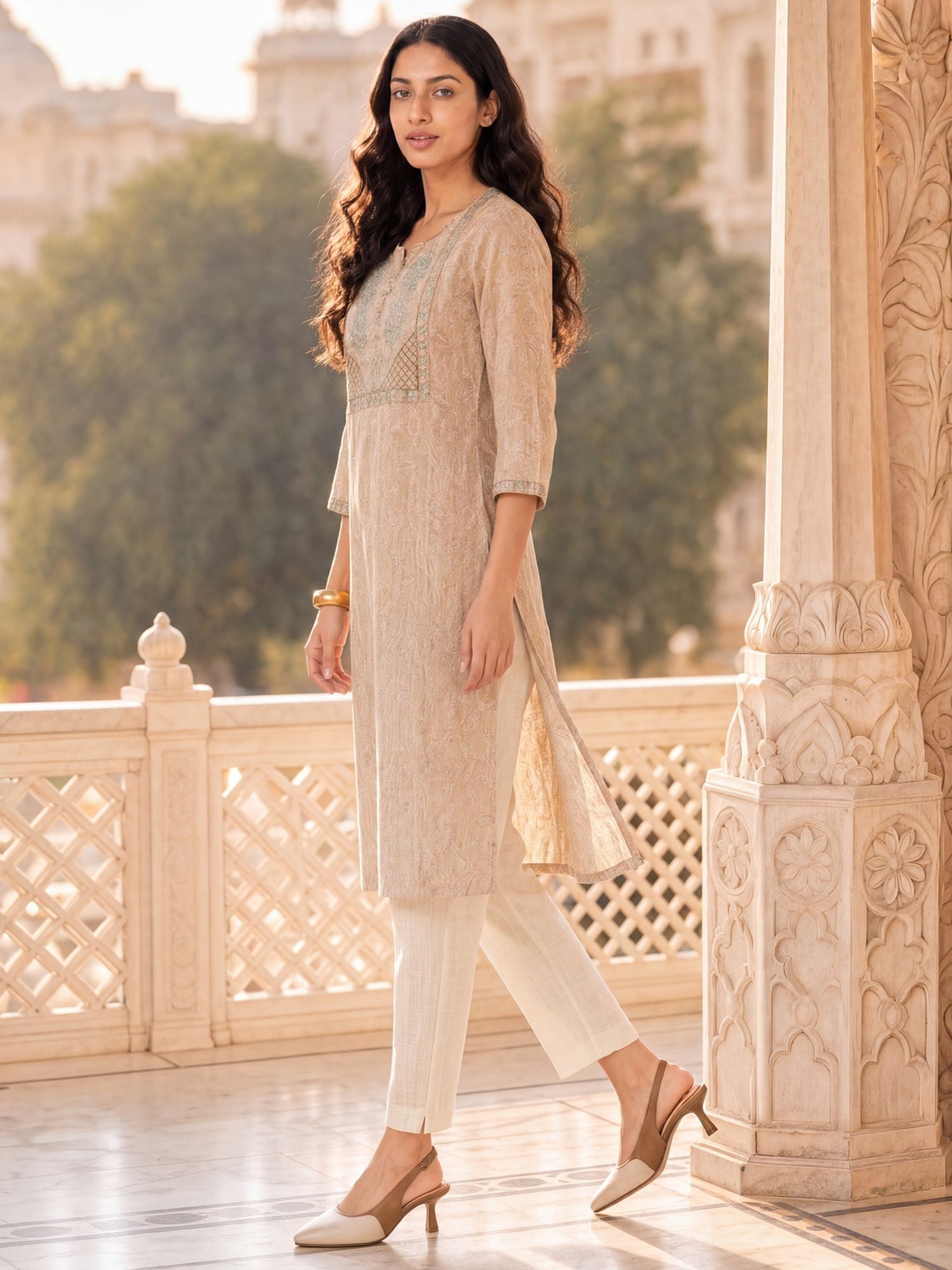 Buy Cotton Embroidered Straight Knee Length Kurta-Beige