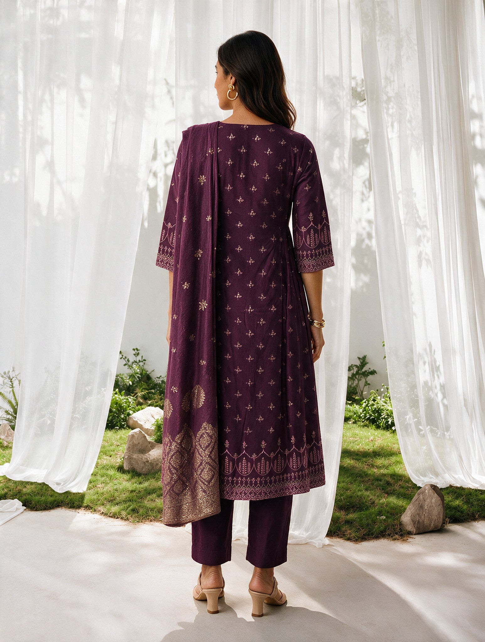 Viscose Embroidered Flared Calf Length Kurta With Pant and Dupatta