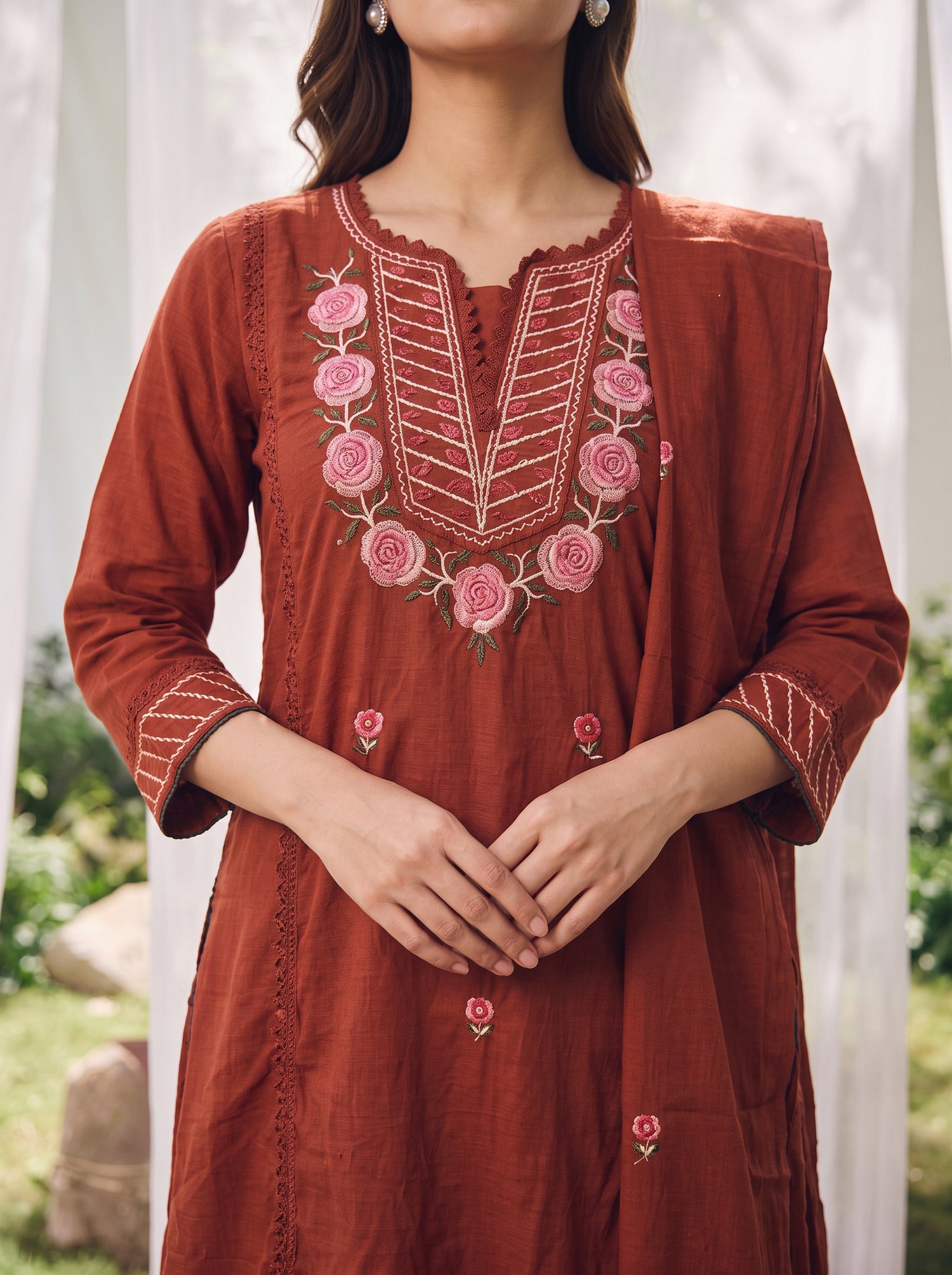 Buy Cotton Embroidered A-Line Calf Length Kurta With Pant-Rust