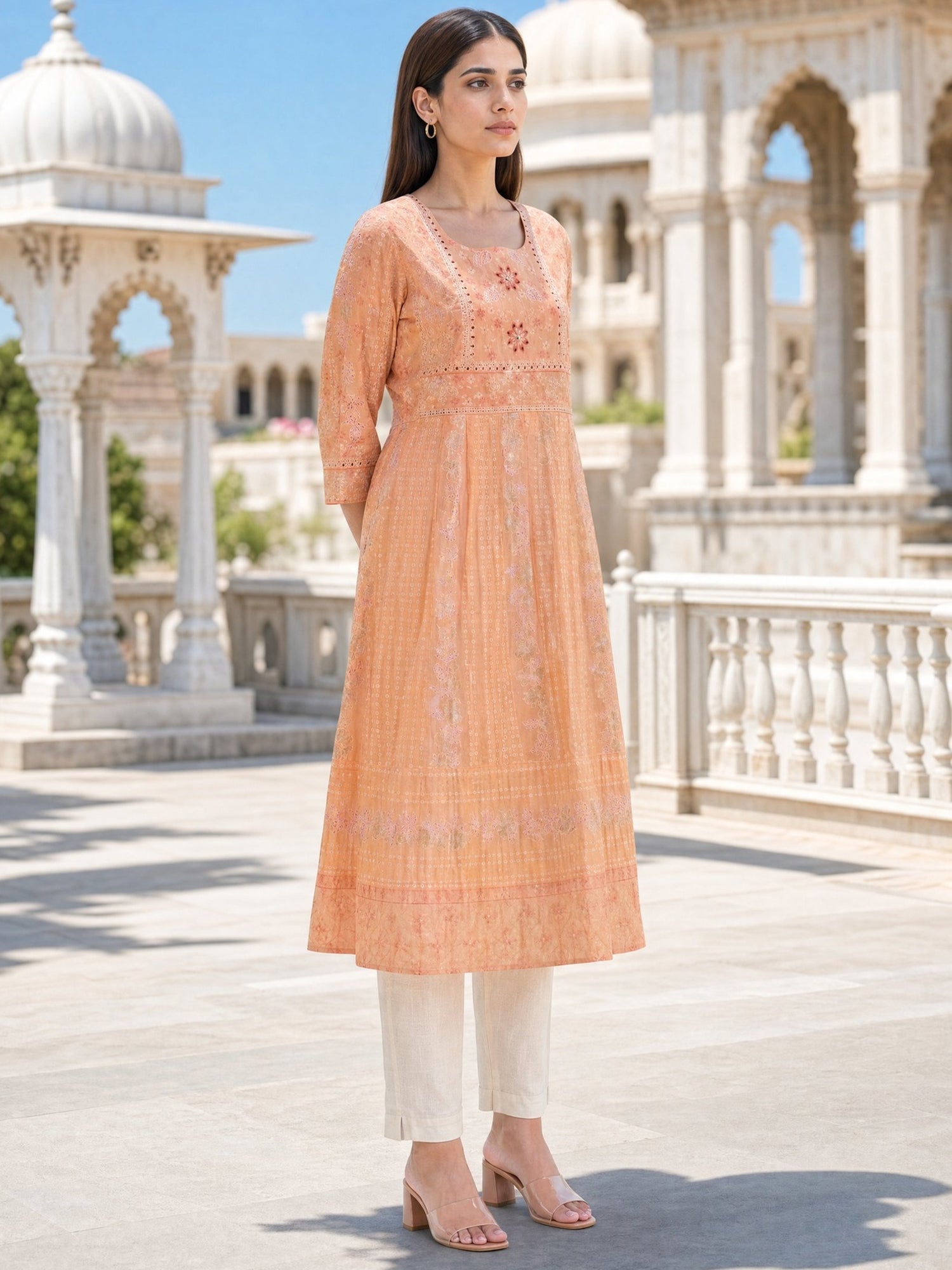 Cotton Embroidered Flared Calf Length Kurta