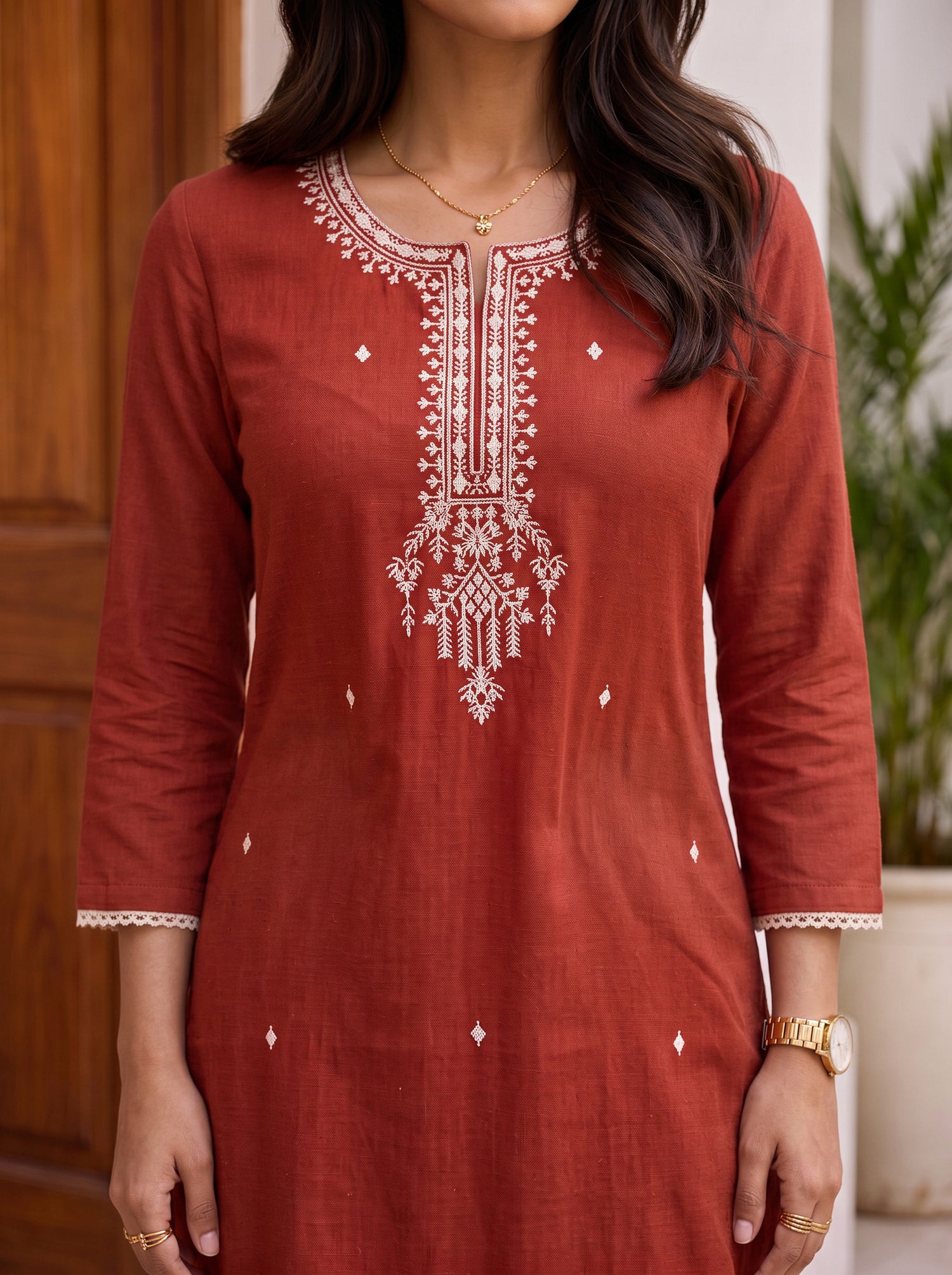 Buy Rayon Embroidered Straight Calf Length Kurta-Rust