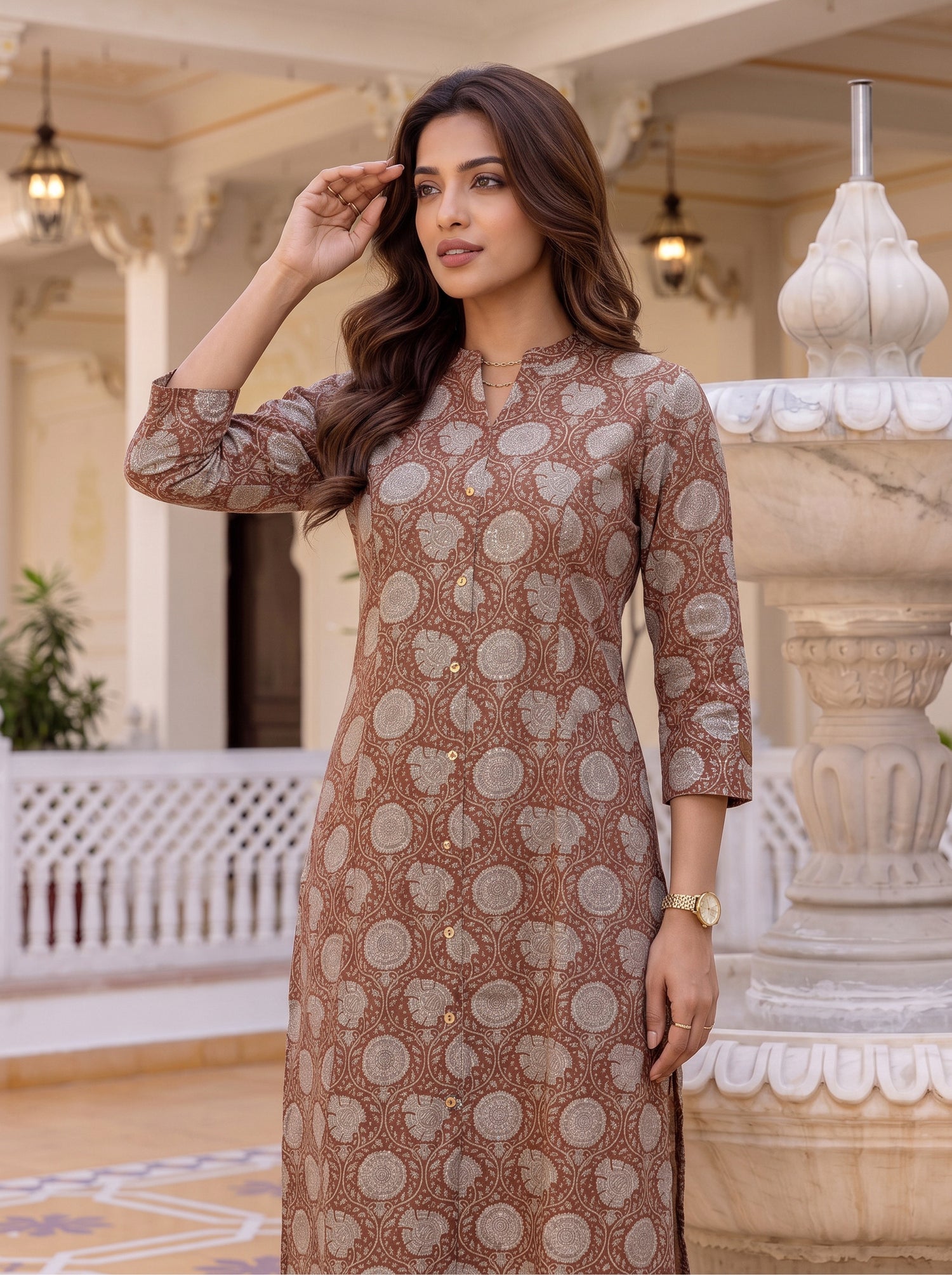 Buy Viscose Printed A-Line Calf Length Kurta With Pant-Brown