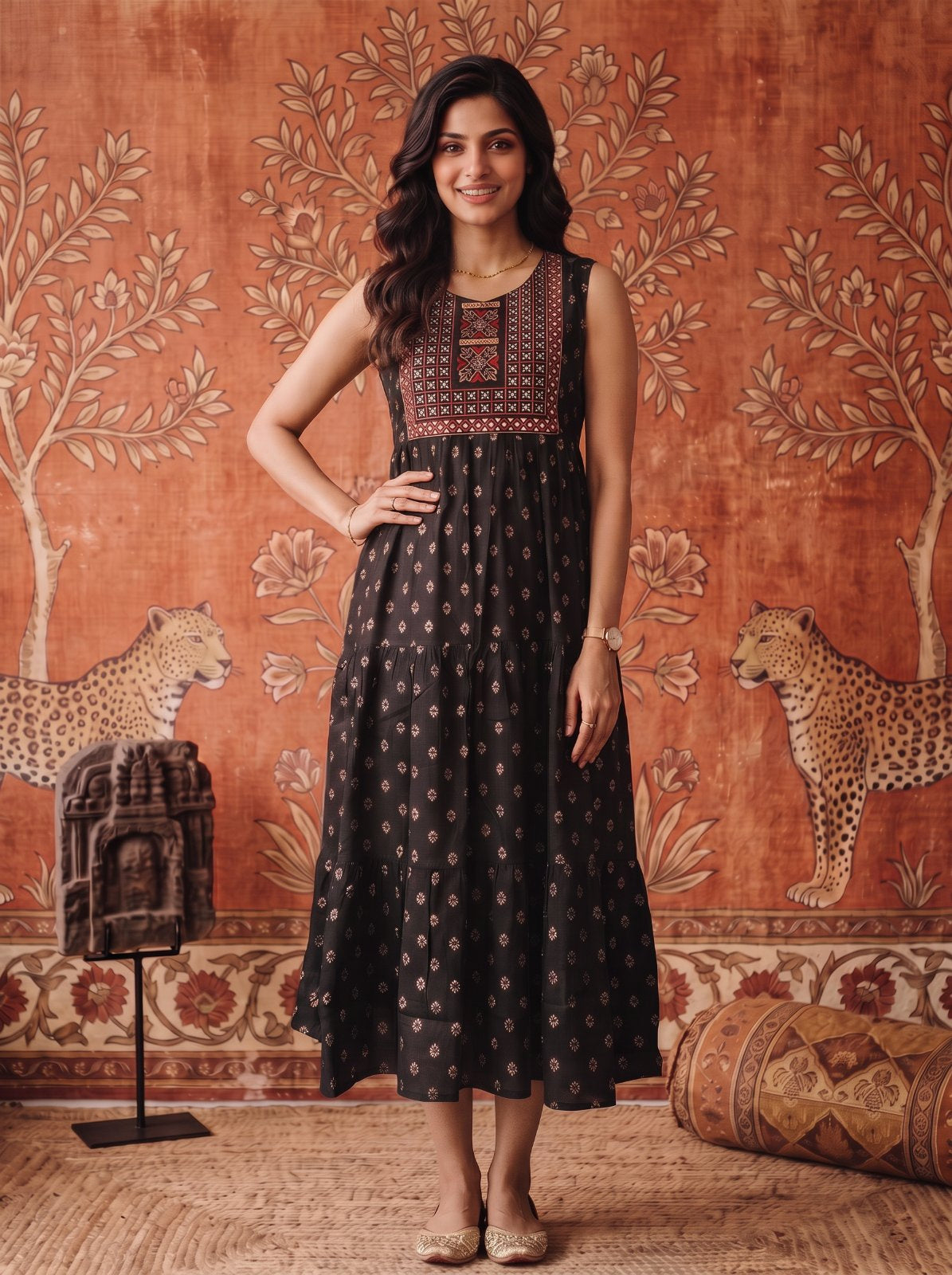 Buy Rayon Embroidered Flared Calf Length Dress-Black