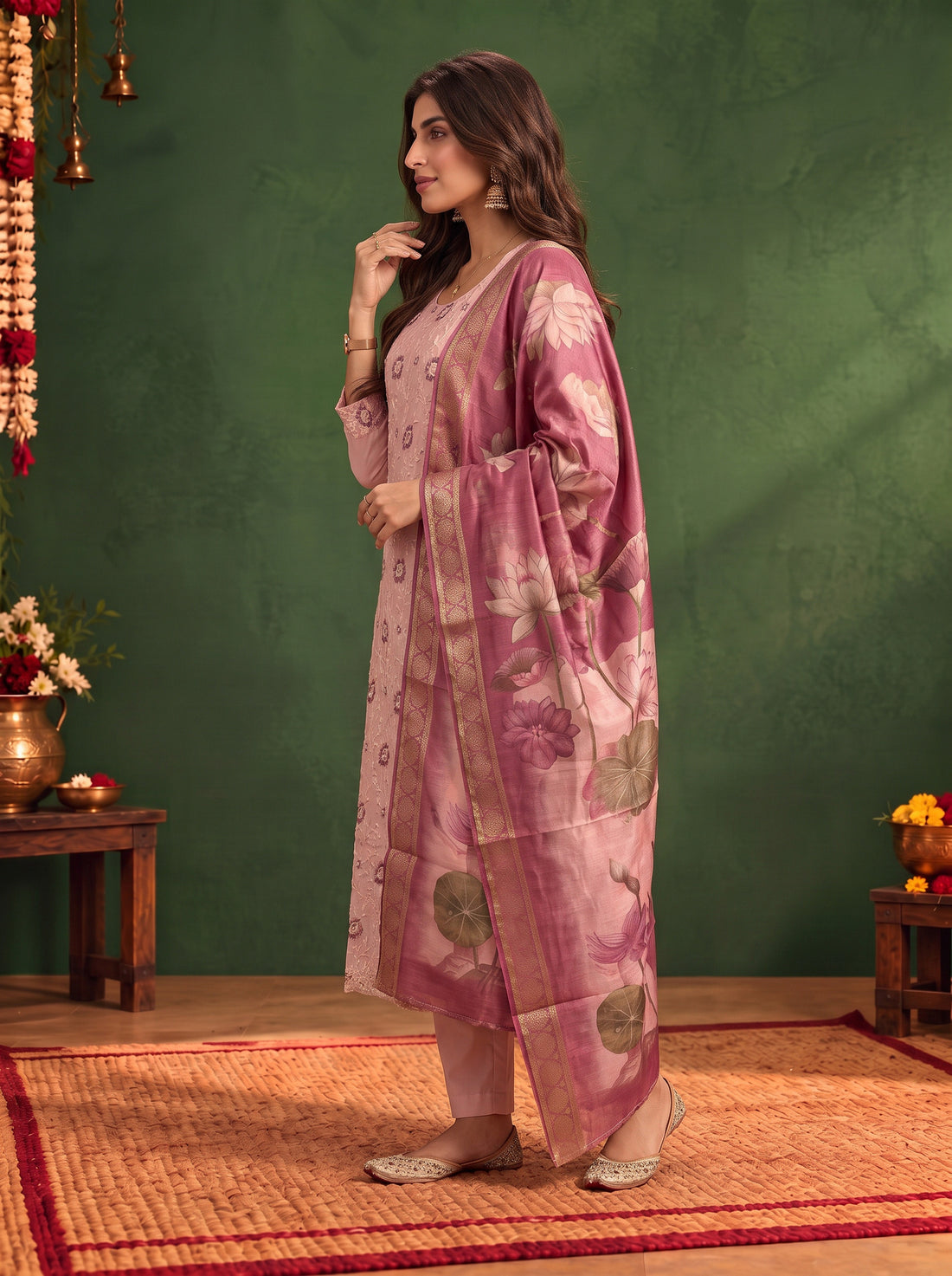 Buy Viscose Embroidered Flared Calf Length Kurta With Pant and Dupatta-Peach