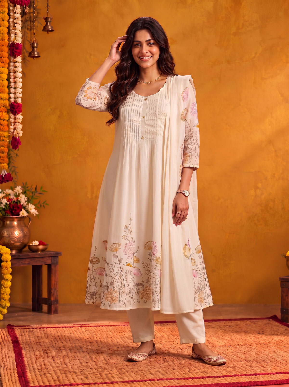 Viscose Embroidered Flared Calf Length Kurta With Pant and Dupatta