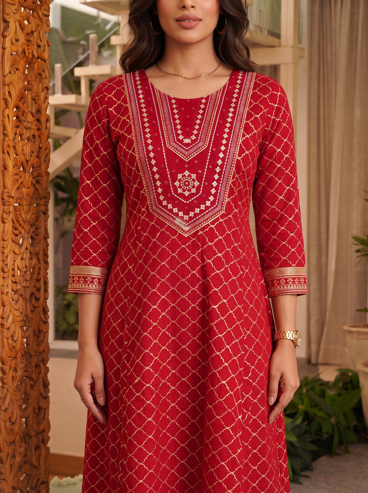 Buy Viscose Embroidered Flared Calf Length Kurta-Maroon