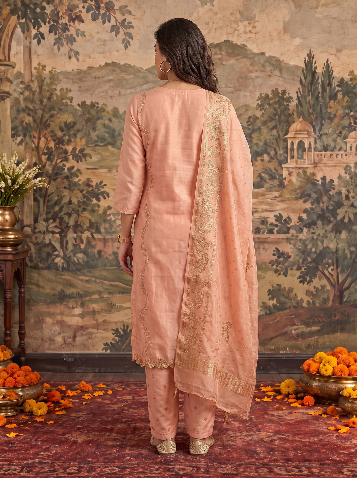 Buy Viscose Embroidered Straight Calf Length Kurta With Pant and Dupatta-Orange