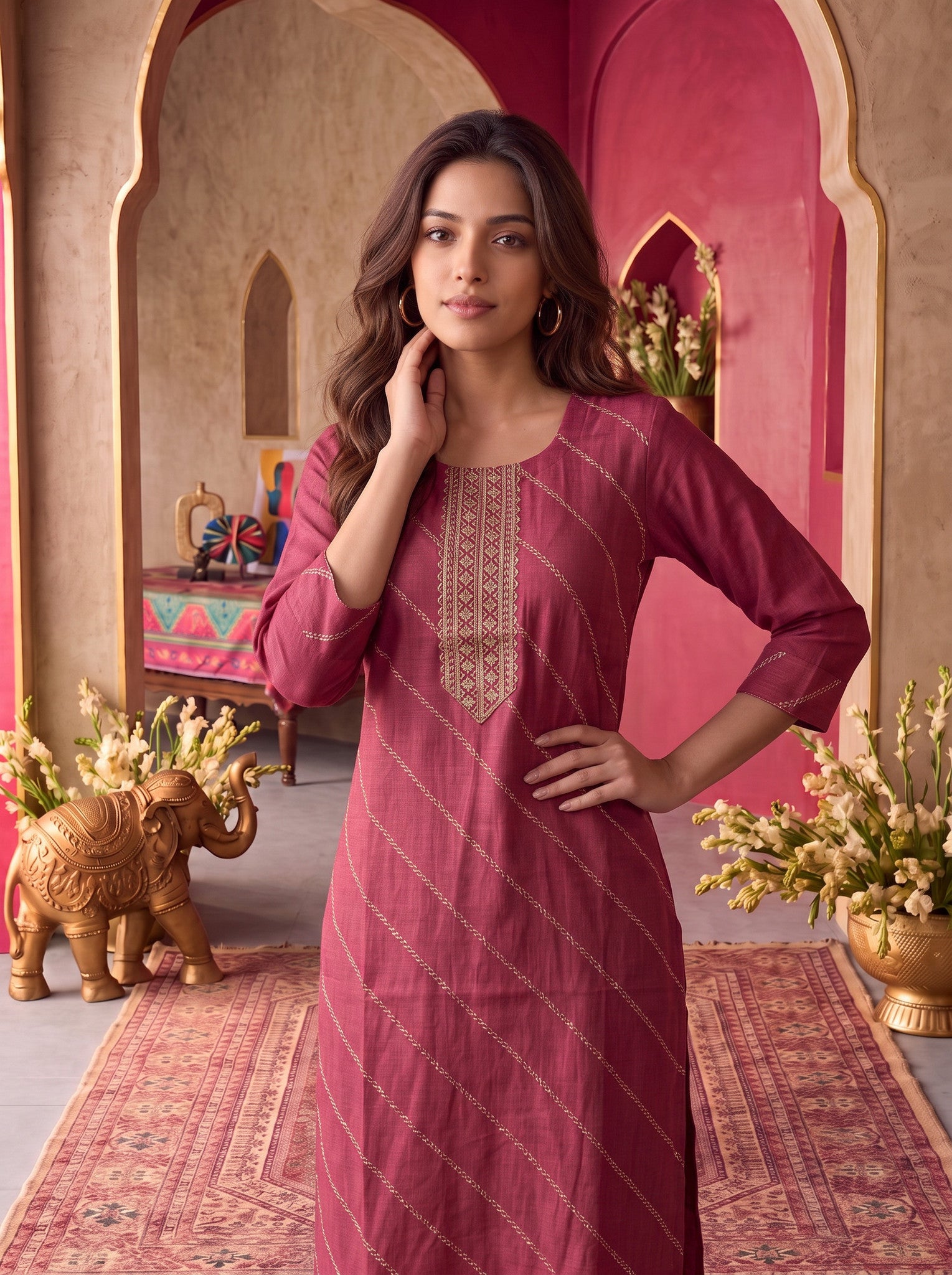 Viscose Embroidered Straight Calf Length Kurta