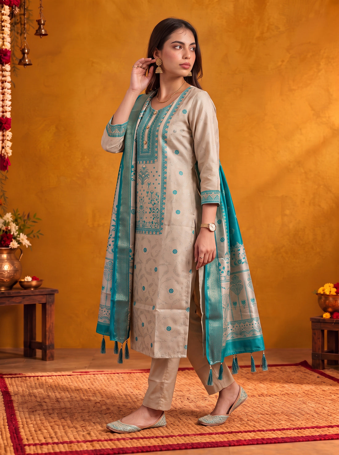 Buy Jacquard Self Design Straight Calf Length Kurta With Pant and Dupatta-Cream