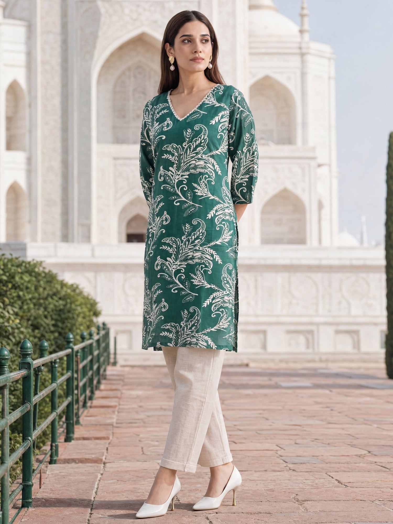 Buy Cotton Printed Straight Knee Length Kurta-Green