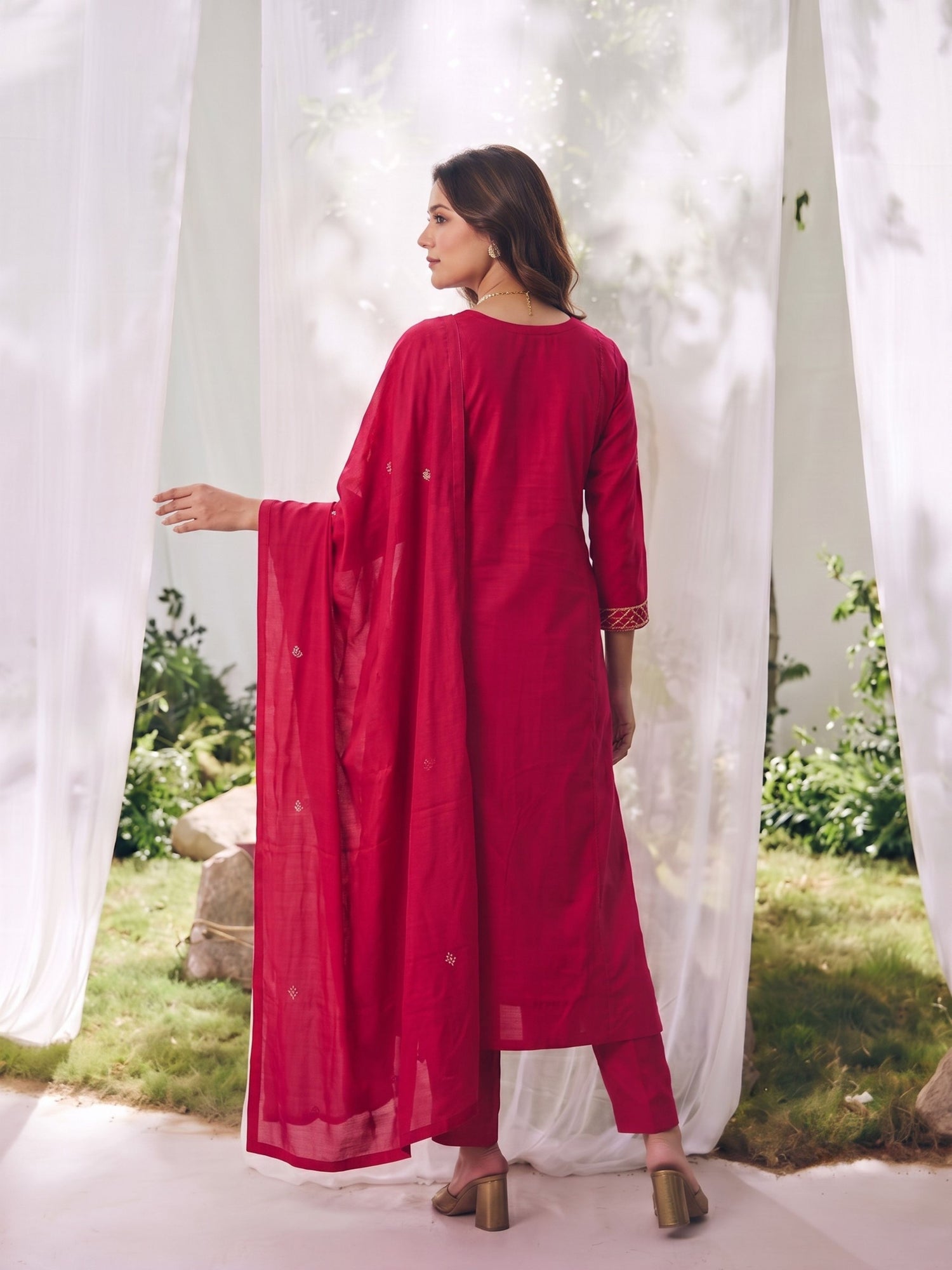 Buy Cotton Embroidered A-Line Calf Length Kurta With Pant-Pink