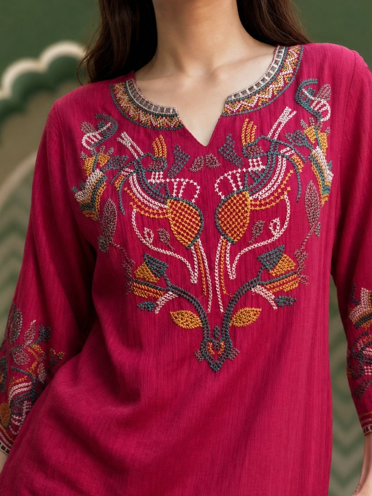Buy Viscose Embroidered Anarkali Calf Length Kurta With Pant-Pink