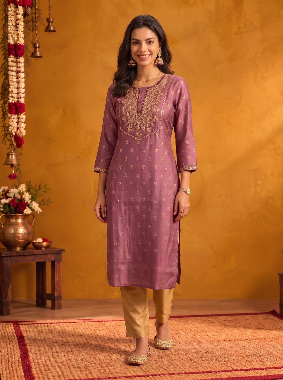 Buy Viscose Embroidered Straight Calf Length Kurta-Mauve