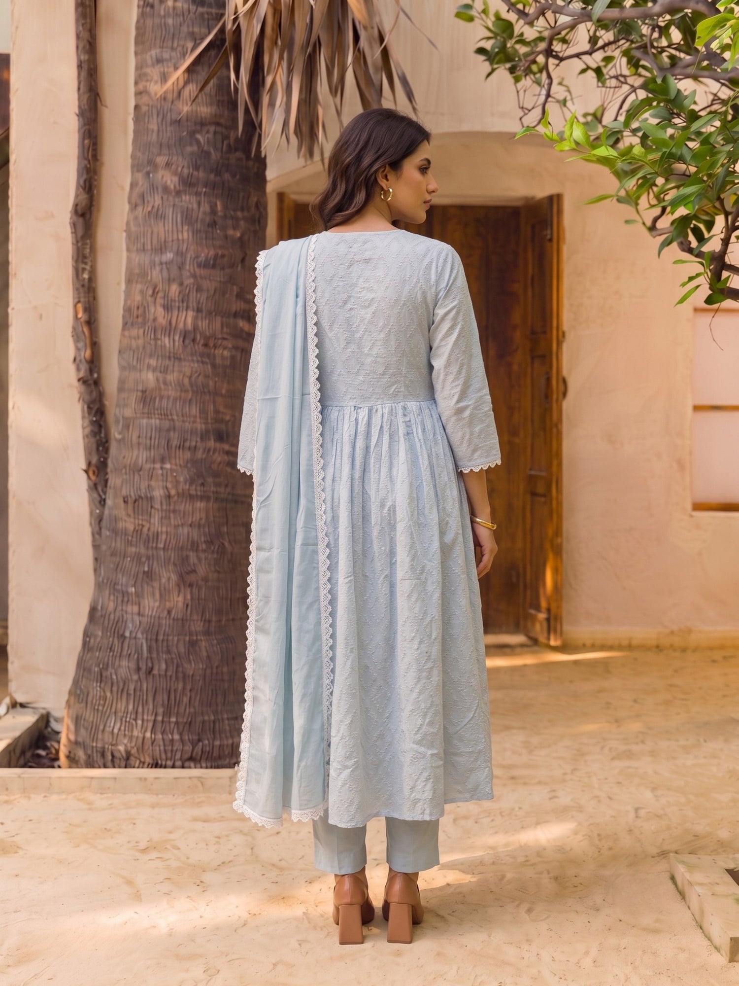 Buy Cotton Embroidered Straight Calf Length Kurta With Pant-Light Blue
