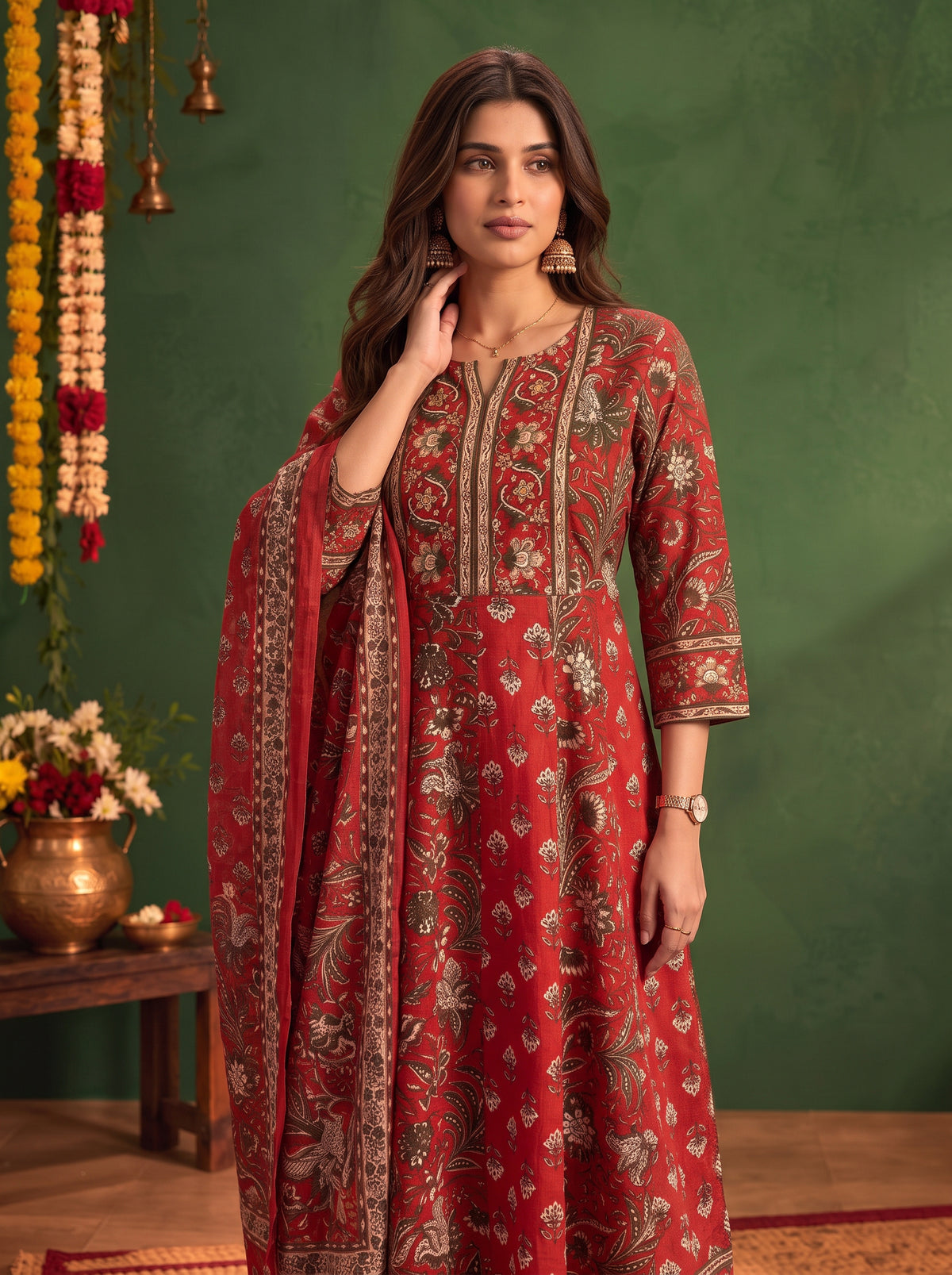 Cotton Printed Flared Calf Length Kurta With Pant and Dupatta