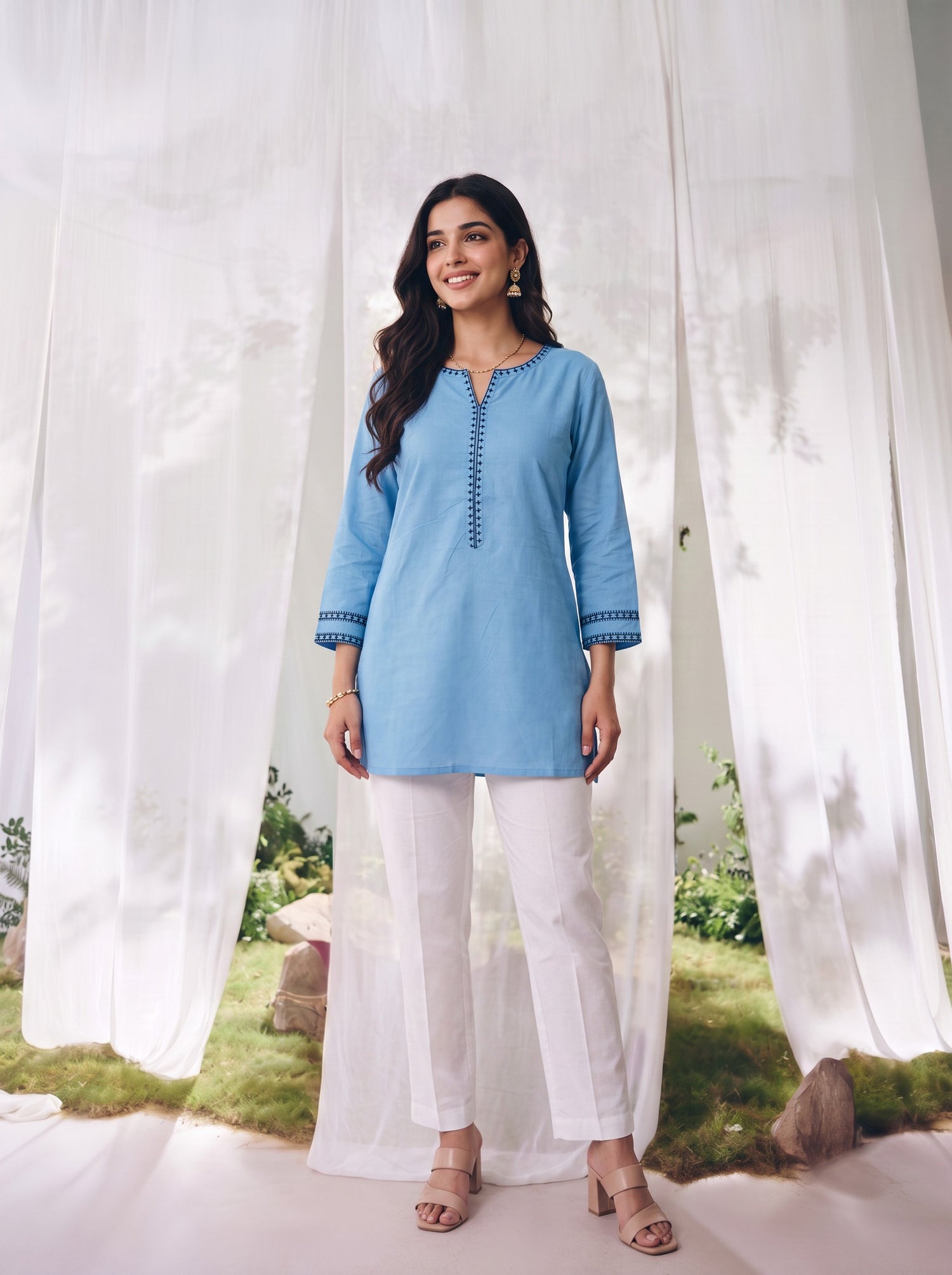 Buy Rayon Embroidered Straight Short Length Short Kurta-Teal