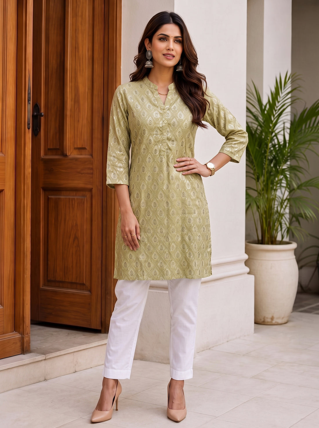Buy Viscose Printed Straight Knee Length Kurta-Pista Green