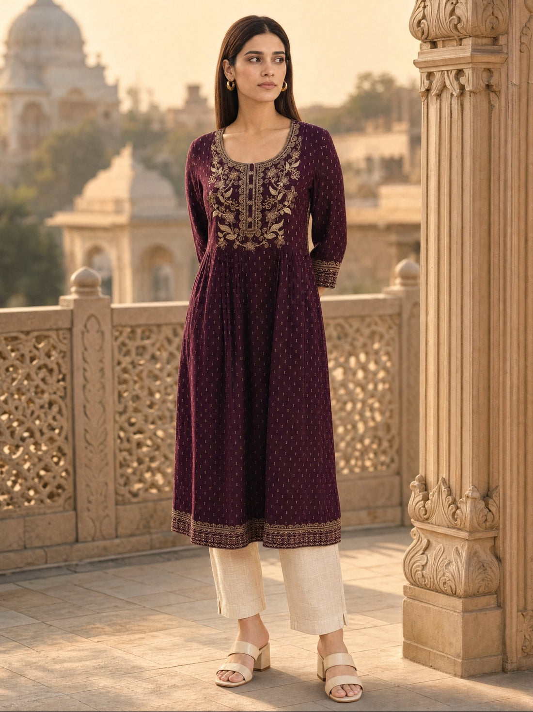 Buy Rayon Embroidered Anarkali Calf Length Kurta-Wine