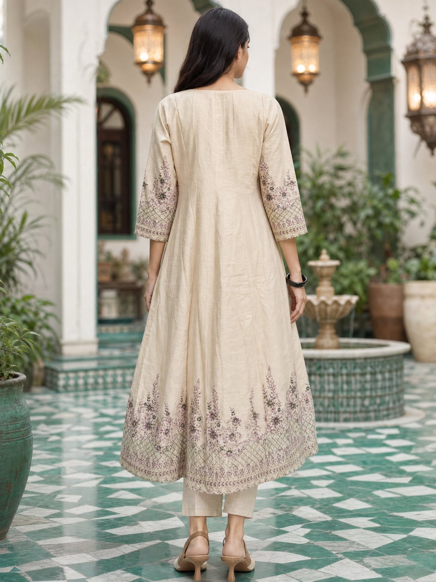 Viscose Embroidered Flared Calf Length Kurta