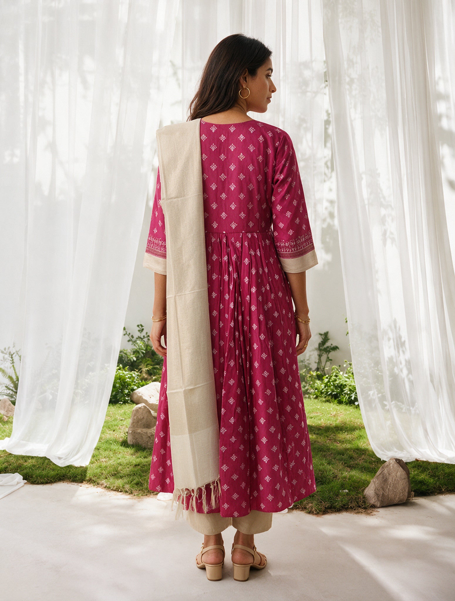 Viscose Printed Flared Calf Length Kurta With Pant and Dupatta