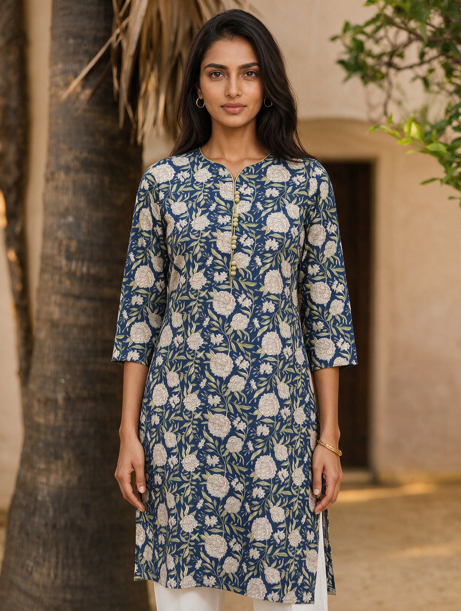 Buy Cotton Printed Straight Knee Length Kurta-Blue