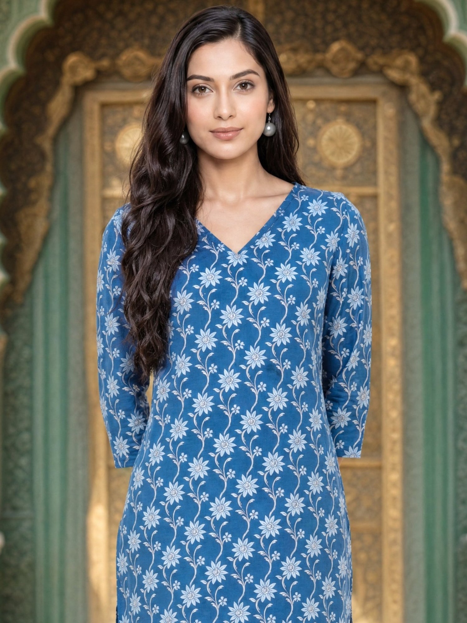 Buy Rayon Printed Straight Knee Length Kurta-Blue