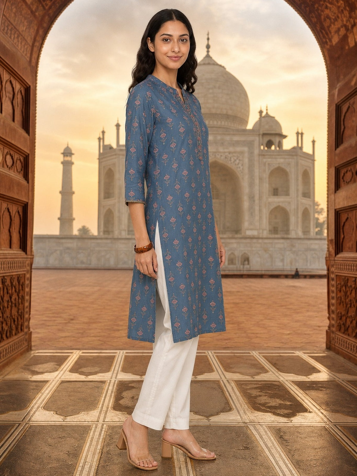 Buy Rayon Printed Straight Calf Length Kurta-Blue