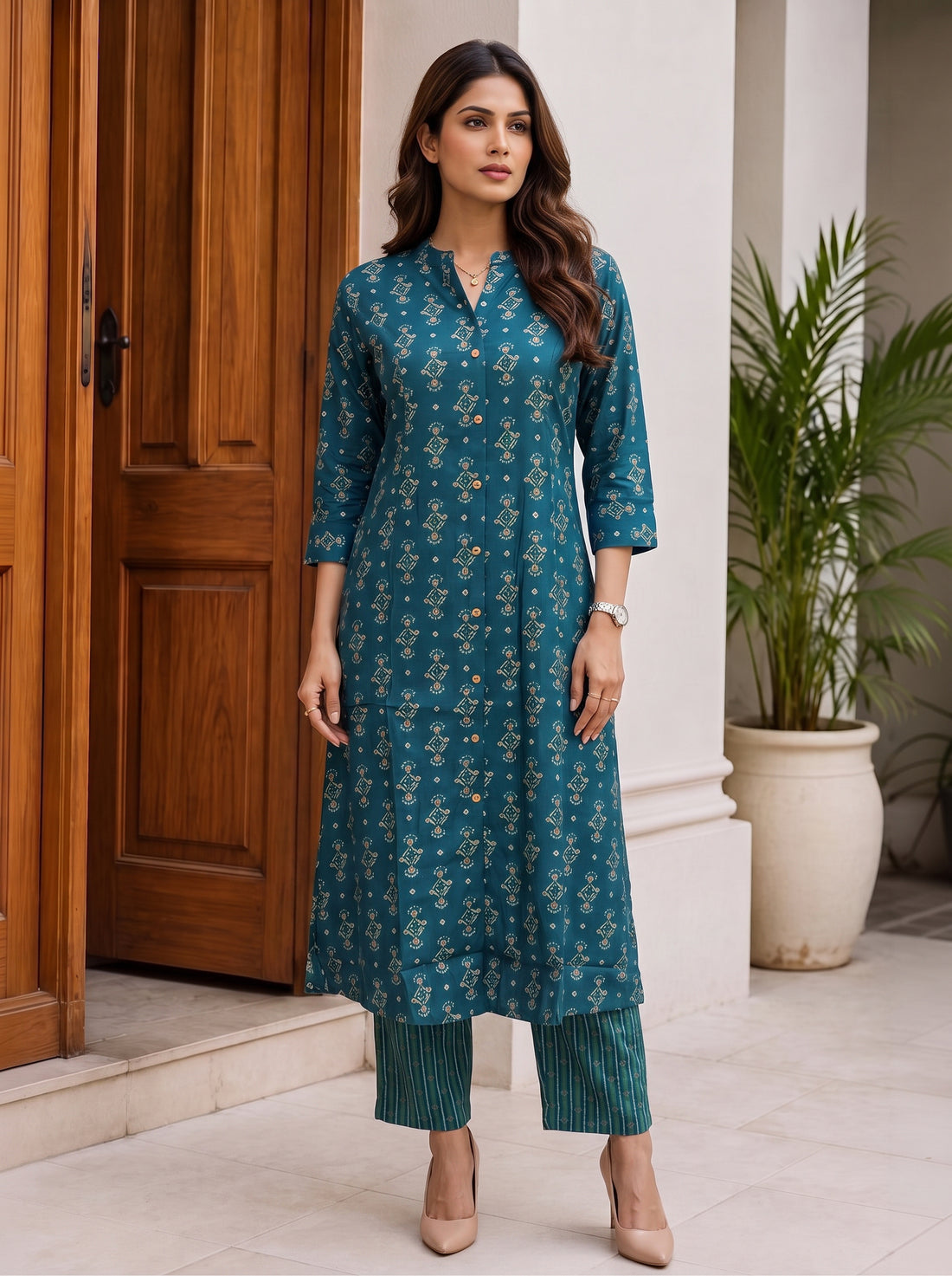 Buy Viscose Printed A-Line Calf Length Kurta With Pant-Blue