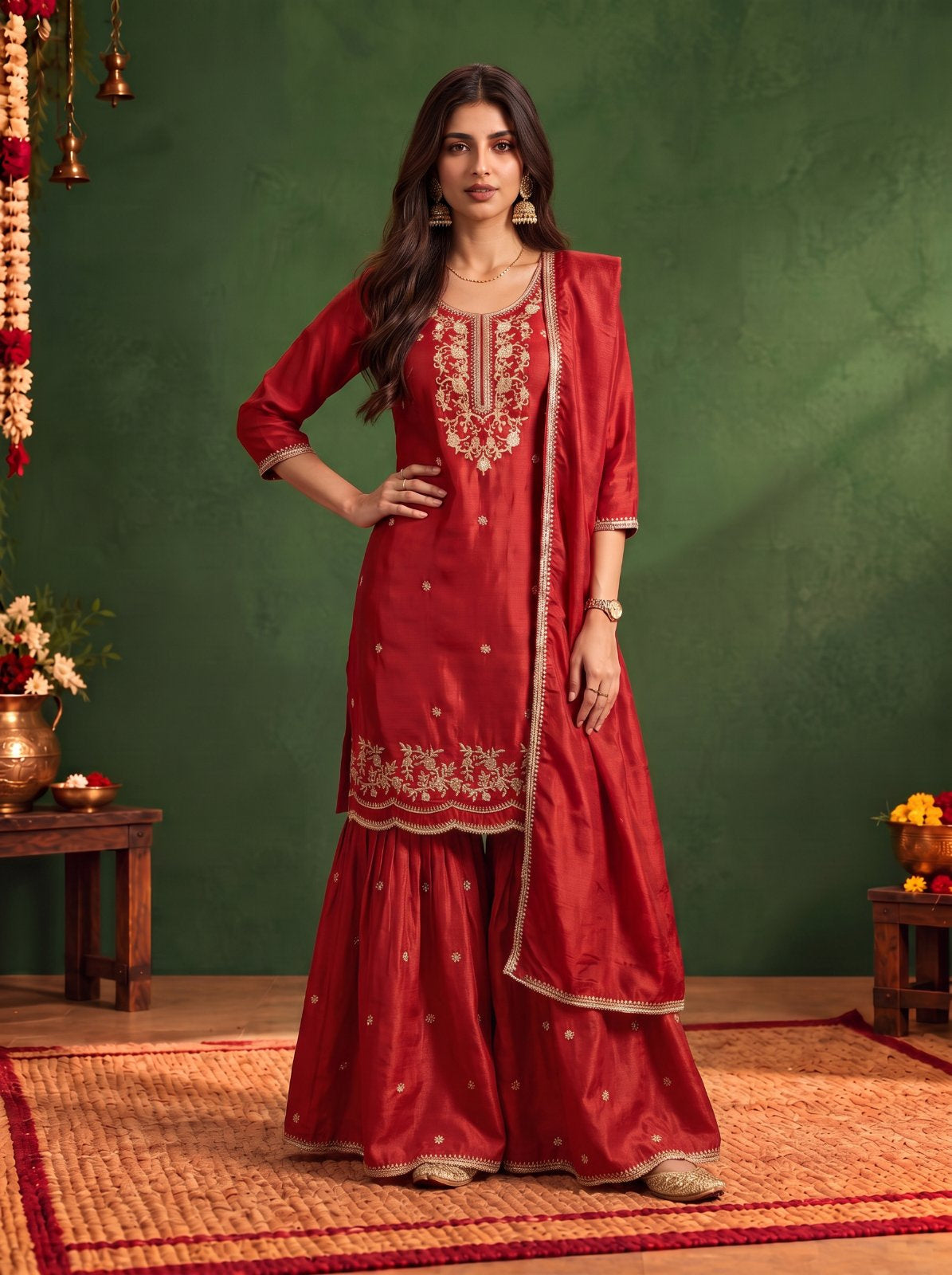 Viscose Embroidered Straight Knee Length Kurta With Pant and Dupatta