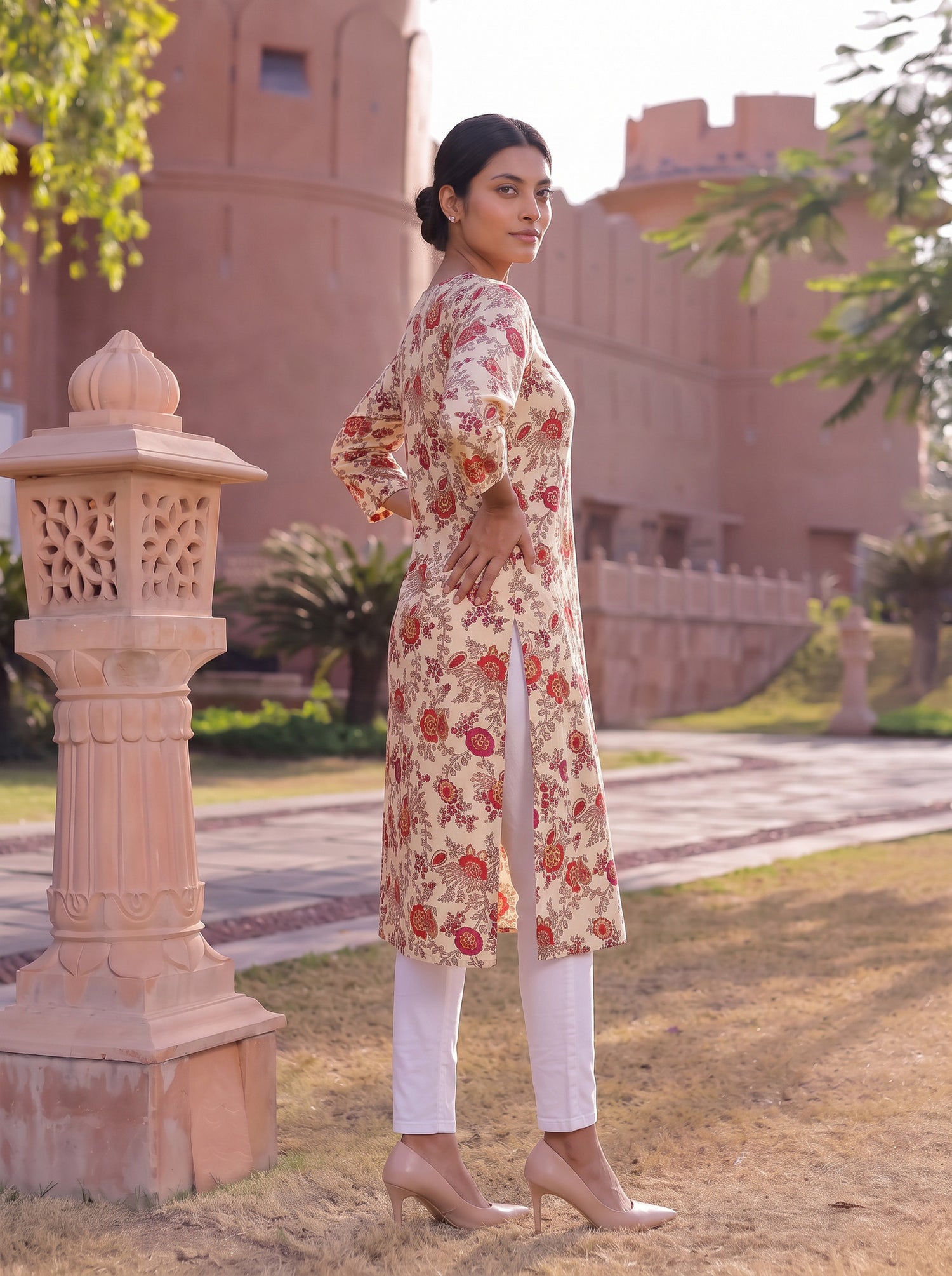 Buy Rayon Printed Straight Knee Length Kurta-Cream