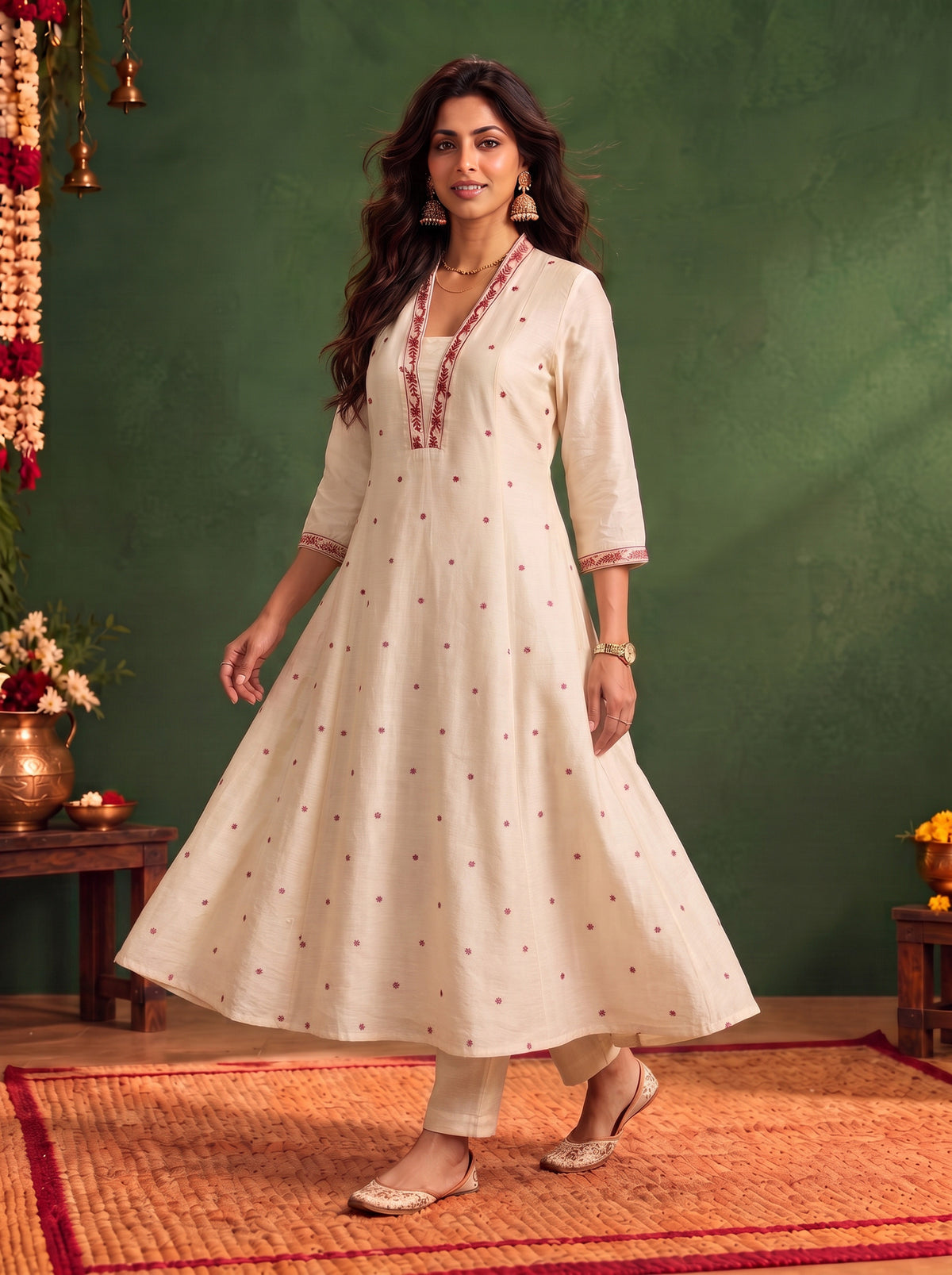 Viscose Embroidered Flared Calf Length Kurta
