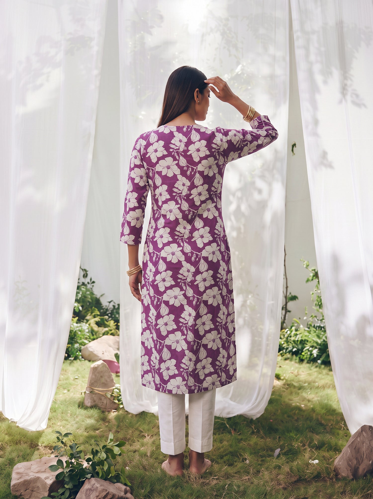 Buy Cotton Printed Straight Calf Length Kurta-Purple